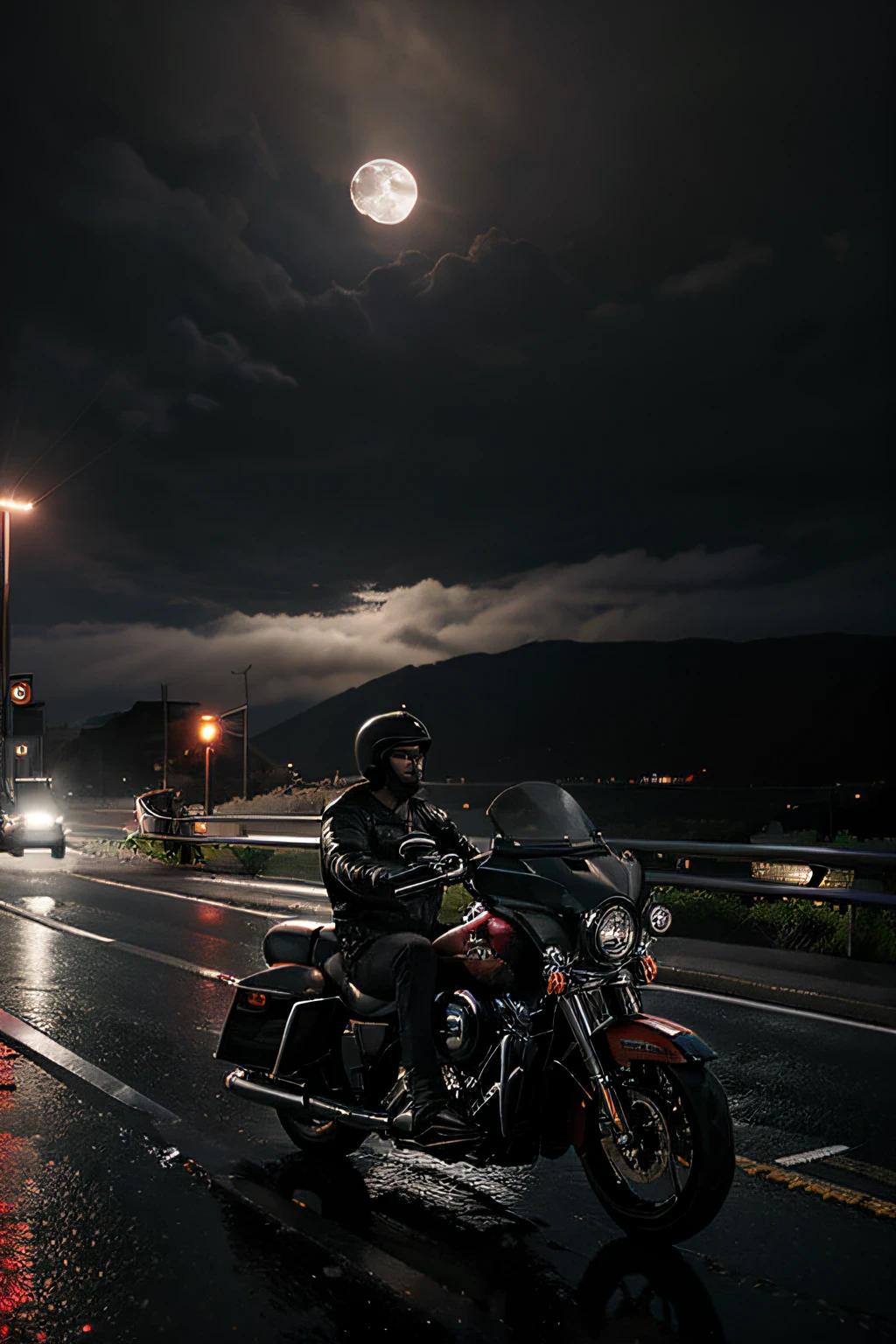 harley davidson, 1men, (photorealistic), (best quality:1.0), (ultra highres:1.0), 8k, riding at night, detailed rain in the road, cloud sky, fog moon, red lights city