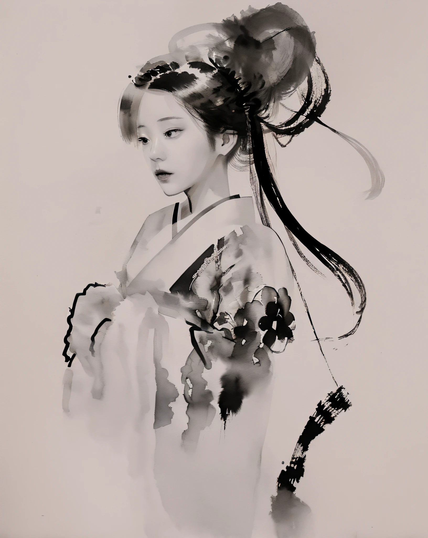 zydink, monochrome, ink sketch, 1women, asian (young women), (long hair), looking at viewer, long hair, floating hair, hanfu, chinese clothes, long sleeves, (abstract ink splash:1.2), white background