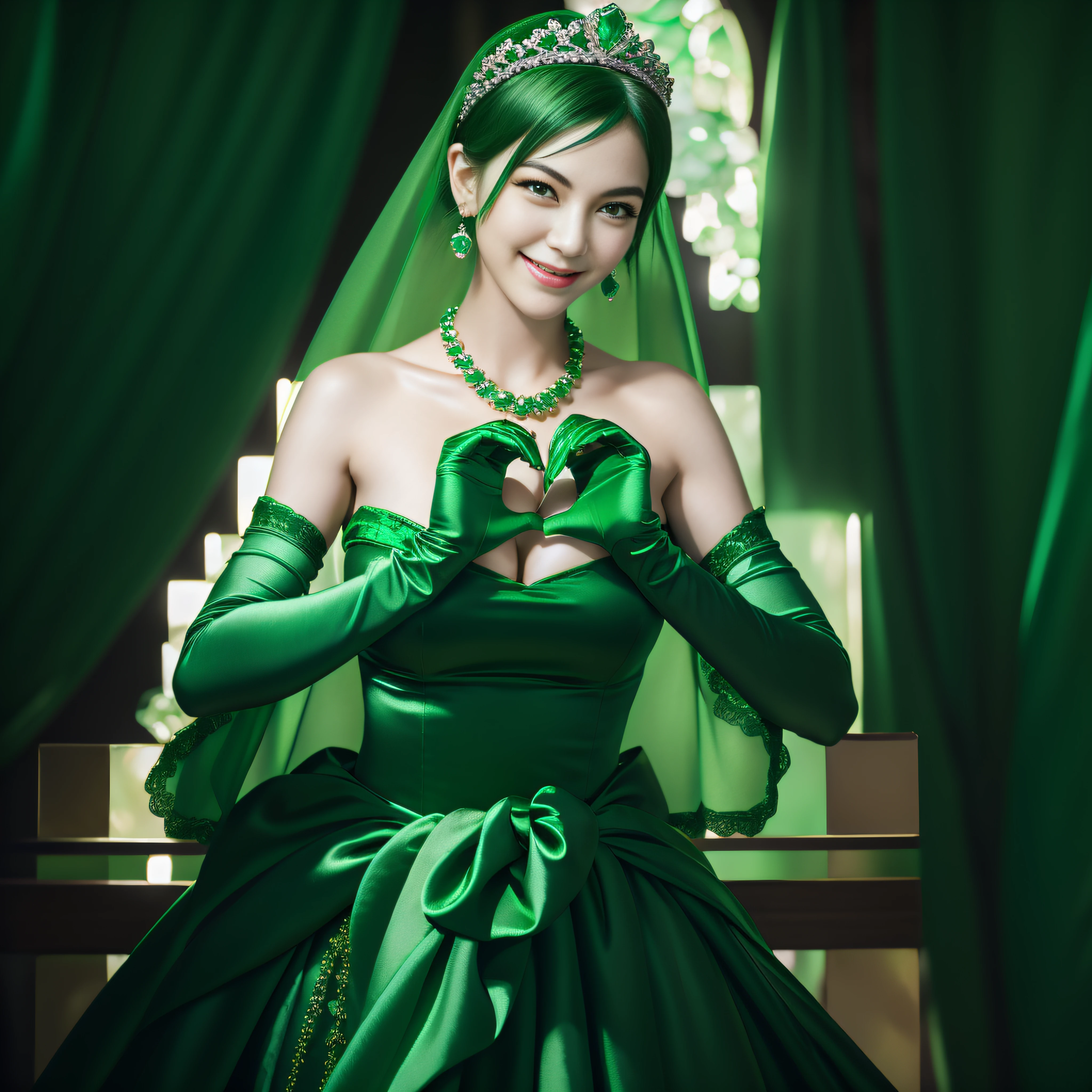 emerald tiara, Green Pearl Necklace, Boyish very short green hair, lipsticks, Japan woman smiling, very short short hair, big breasts beautiful, Green eyes, Long green gloves made of satin material, Green eyes, Emerald Earrings, green vale, Heart with both hands