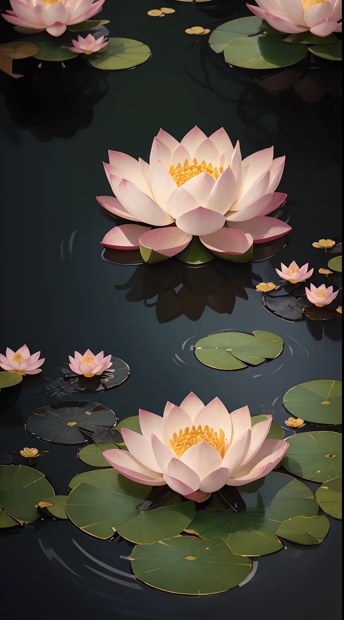 Composition, Illustration, Wide-shot, Lotus flowers being born on a river, camera centered on the lotus flowers, ancient chinese scenery, nature, beautiful, super intricate, elegant, hyper detailed, Best quality, 8k uhd, no flaws.