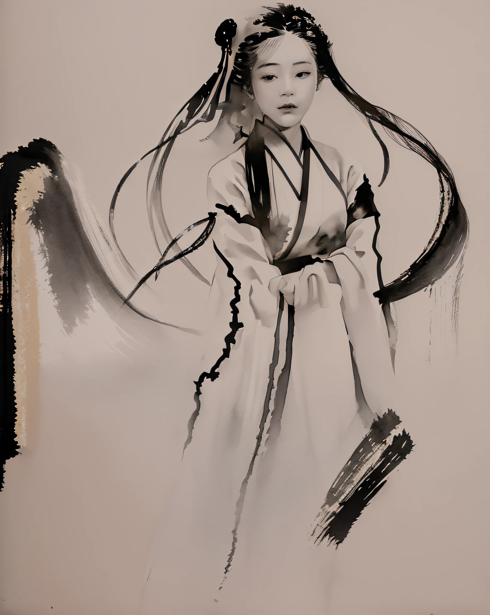 zydink, monochrome, ink sketch, 1women, asian (young women), (long hair), looking at viewer, long hair, floating hair, hanfu, chinese clothes, long sleeves, (abstract ink splash:1.2), white background