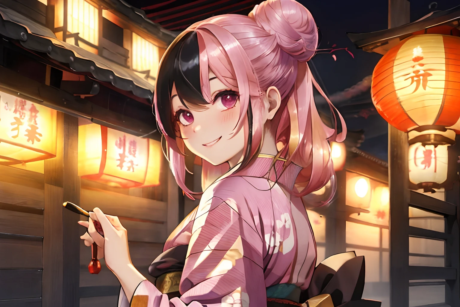 ,There is a five-storied pagoda and a torii gate,A festival hall full of food stalls,paper lanterns,Colorful hair based on glossy black,Fluffy bun hair,Colorful and luxurious kimono, reddish,white,Pink and Gold,happily face,Smile on his face,Face of pleasure,AHE Face,,ecstacy,Holding a Japanese umbrella,Looking back sexily,Sexy standing figure,A slightly disheveled kimono,Fornication