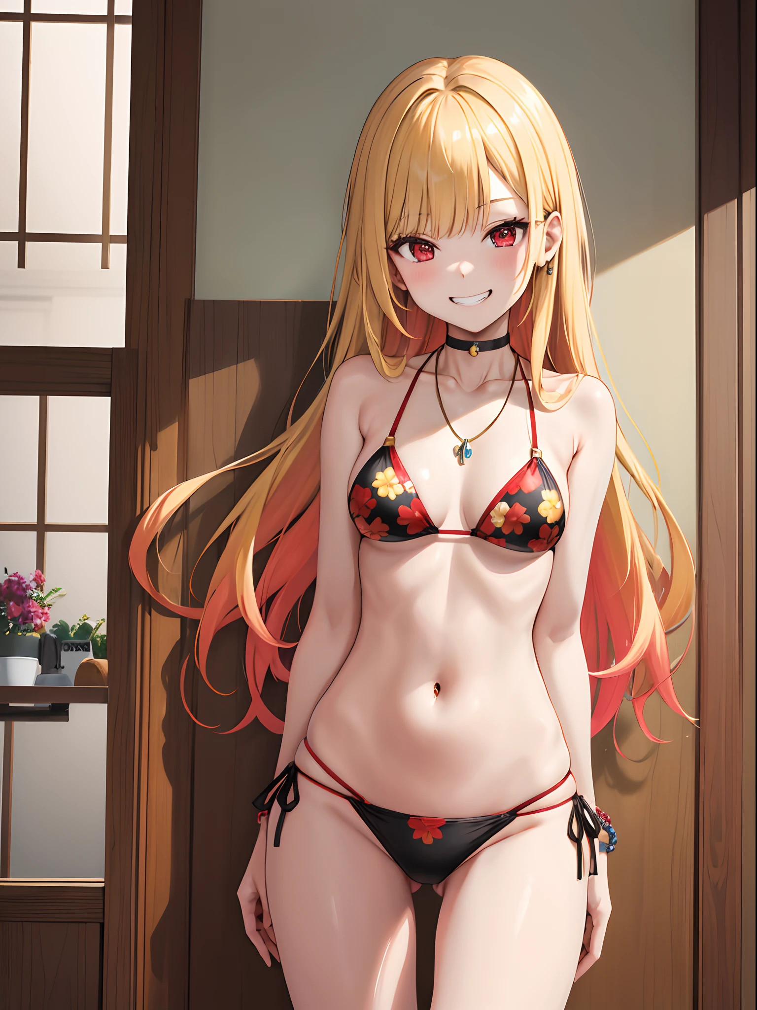 masterpiece, best quality, highres, kitagawa marin, 1girl, blonde hair, long hair, multicolored hair, red eyes, jewelry, necklace, choker, black bikini, floral print, bracelet, side-tie bikini bottom, cowboy shot, indoors, room, standing, grin, straight-on, arms at sides