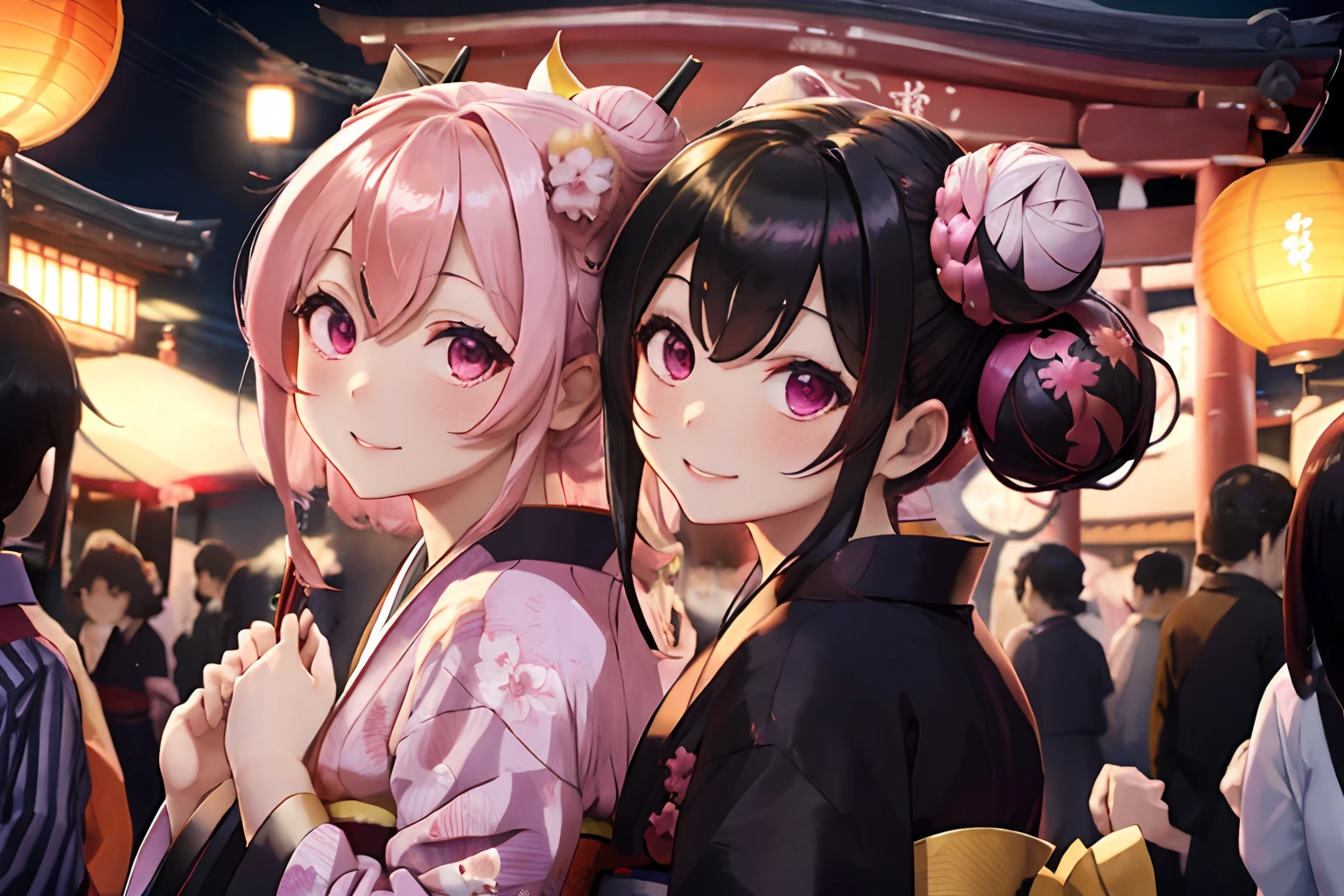 ,There is a five-storied pagoda and a torii gate,A festival hall full of food stalls,paper lanterns,Colorful hair based on glossy black,Fluffy bun hair,Colorful and luxurious kimono, reddish,white,Pink and Gold,happily face,Smile on his face,Face of pleasure,AHE Face,,ecstacy,Holding a Japanese umbrella,Looking back sexily,Sexy standing figure,A slightly disheveled kimono,Fornication
