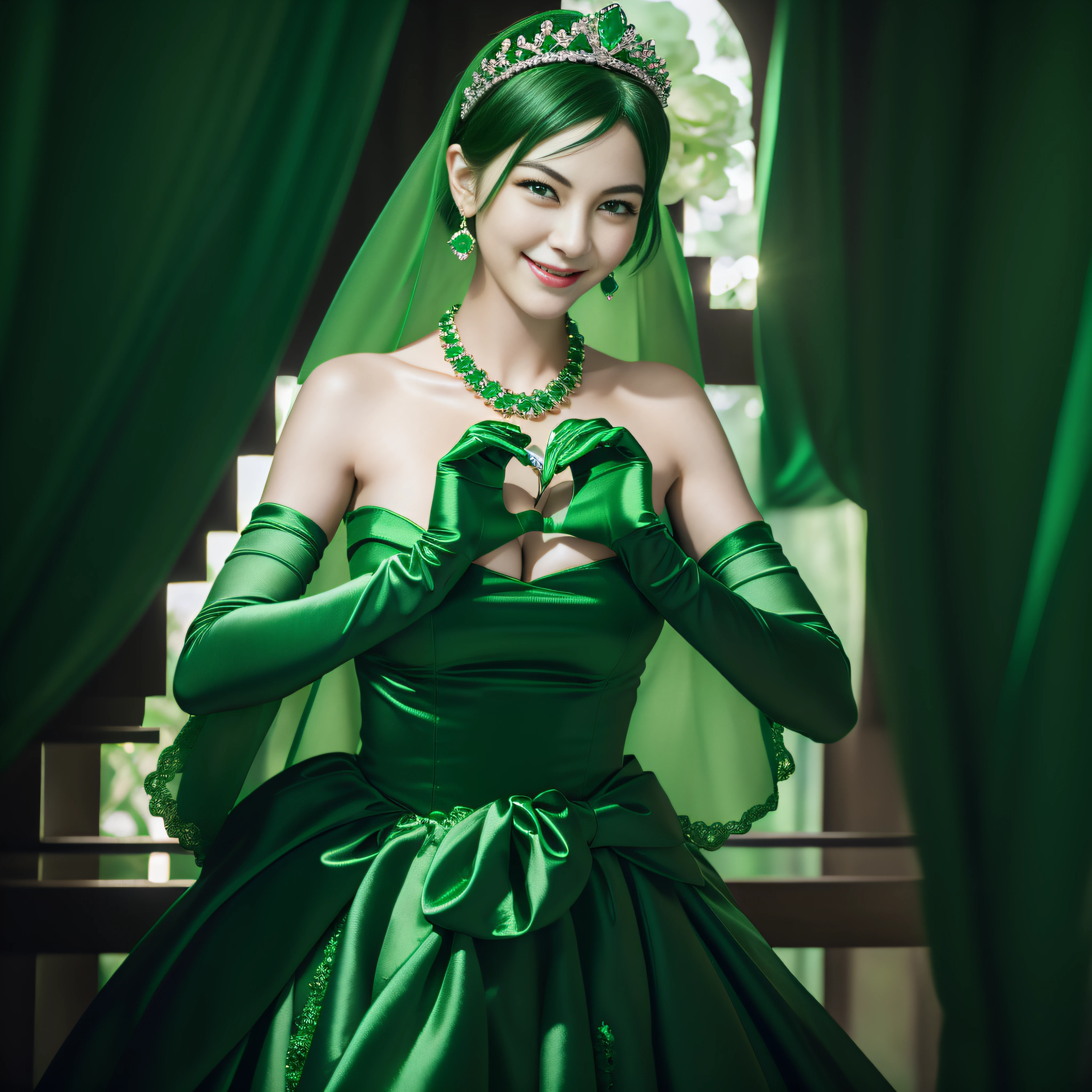 emerald tiara, Green Pearl Necklace, Boyish very short green hair, lipsticks, Japan woman smiling, very short short hair, big breasts beautiful, Green eyes, Long green gloves made of satin material, Green eyes, Emerald Earrings, green vale, Heart with both hands