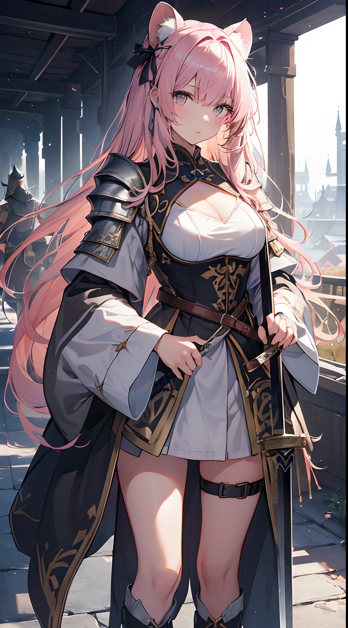 Solo，Absurd resolution、hight resolution、(​masterpiece:1.4)、ultra-detailliert、(Detailed finger),(One girl)、Beautiful detailed girl、A detailed face、clear and beautiful, Character as the main point of view, Radiant skin, Girls, femele, 年轻, ((Pink hair))、(Beautiful shape),((twinks)),(Pink hair)、(Straight hair),(length hair)、(Gray eyes:1.5)，(Koala ears),kawaii、beautiful countenance、beautidful eyes,((Knights))、Fantasy costume,Original Character,((Wearing armor))、((Heavy armor、breastplates)),(With a Western sword:1.5),((Costumes of medieval Europe)),,(Colossal tits:0.9), (Facing:1.2),(Full body portrait),(Standing:1.3),((white backgrounid:1.4)),Absolute area