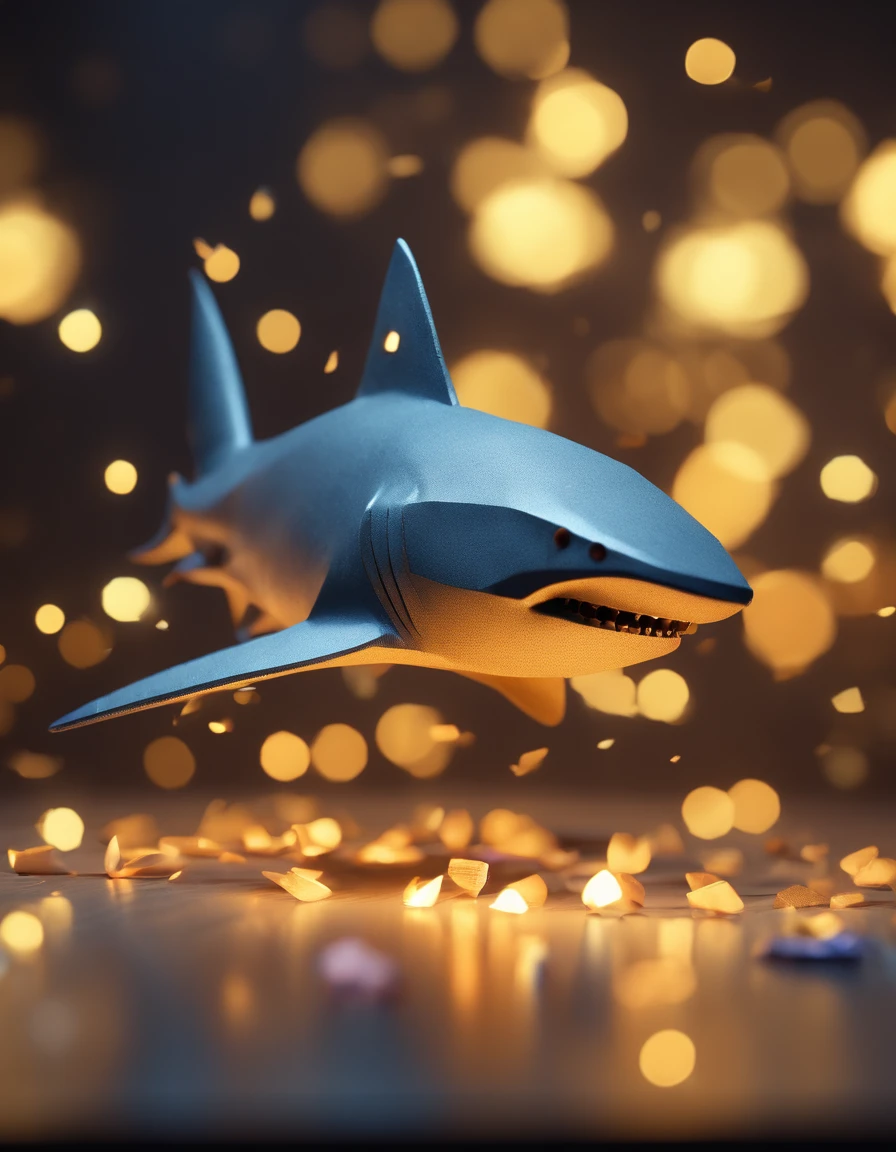 A hammer head shark made of paper origomi, cinematic light, golden particles, shallow depth of field, dark theme