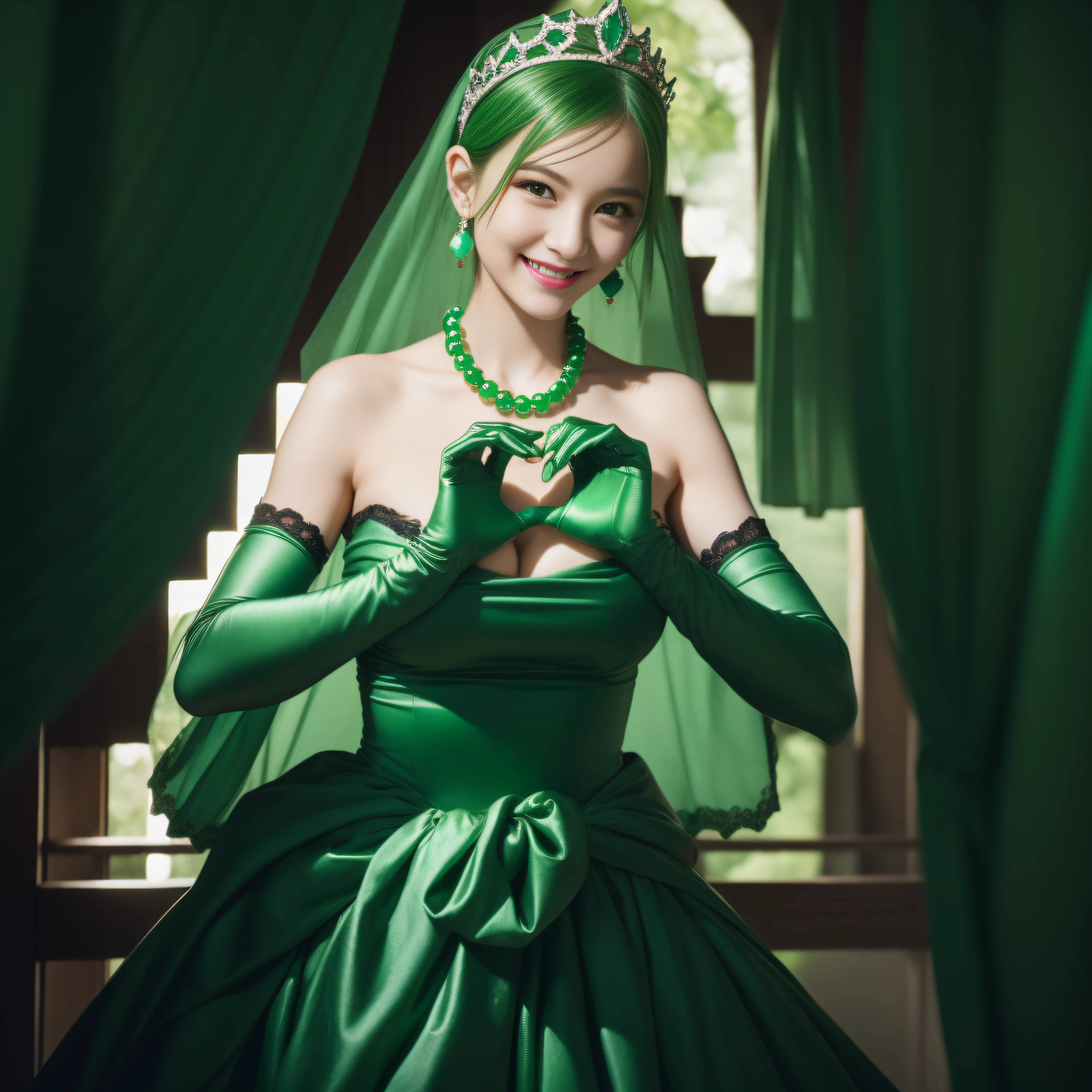 emerald tiara, Green Pearl Necklace, Boyish very short green hair, lipsticks, Japan woman smiling, very short short hair,  big breasts beautiful, Green eyes, Long green gloves made of satin material, Green eyes, Emerald Earrings, green vale, Heart with both hands