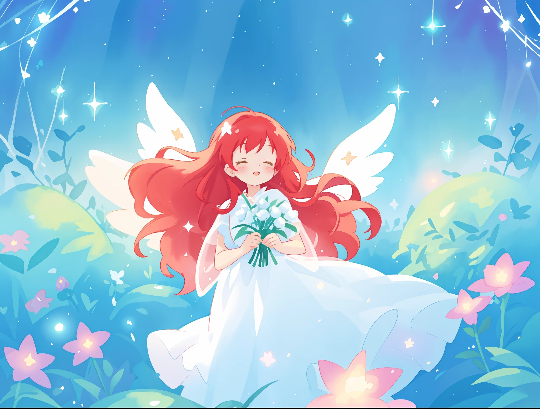 beautiful angel girl in sparkling white dress, (huge sparkling angel wings), glowing white ballgown, long red hair, watercolor illustration, flowers and colorful plants, disney art style, glowing aura around her, glowing lights, beautiful digital illustration, fantasia otherworldly landscape plants flowers, beautiful, masterpiece, best quality, anime disney style
