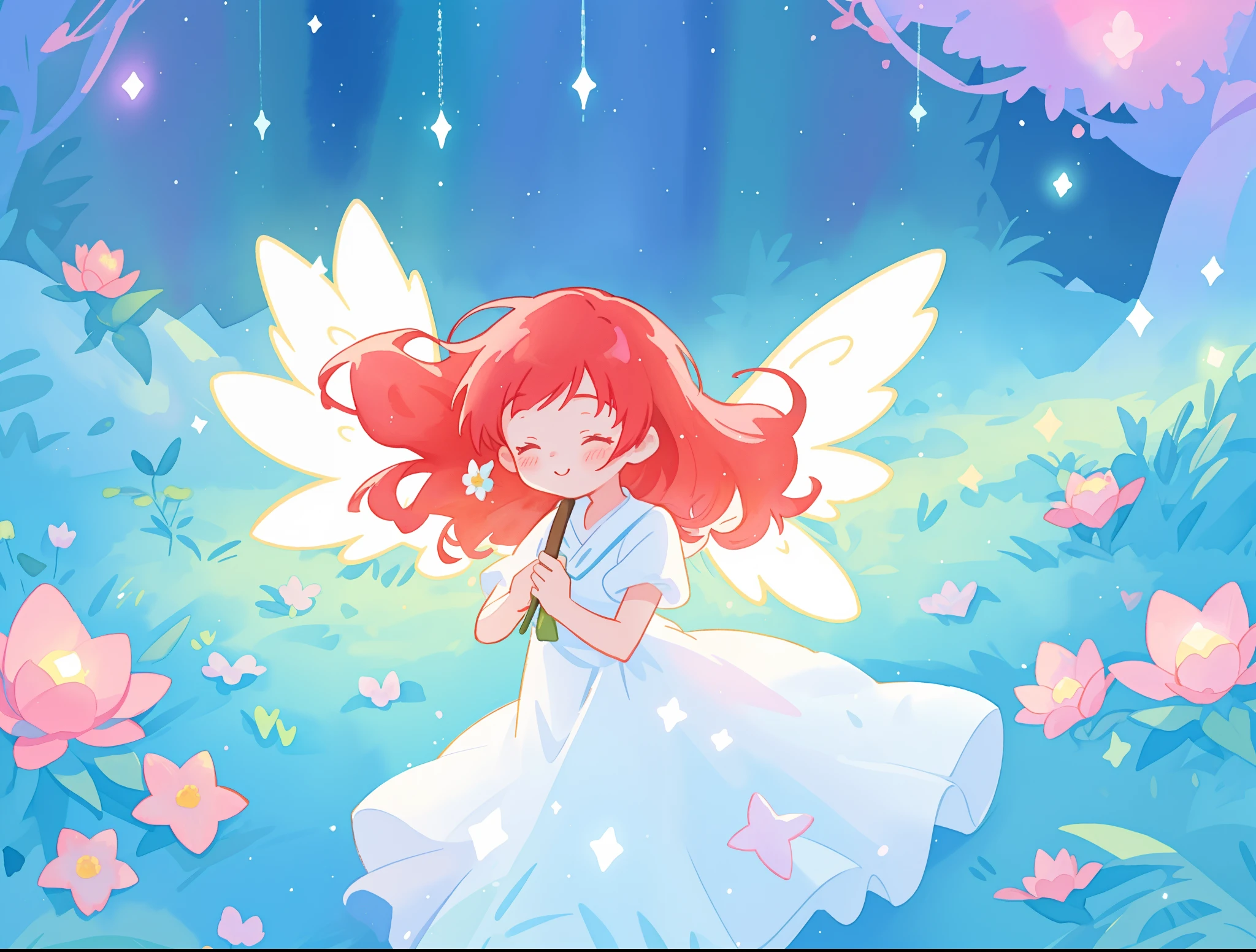 beautiful angel girl in sparkling white dress, (huge sparkling angel wings), glowing white ballgown, long red hair, watercolor illustration, flowers and colorful plants, disney art style, glowing aura around her, glowing lights, beautiful digital illustration, fantasia otherworldly landscape plants flowers, beautiful, masterpiece, best quality, anime disney style