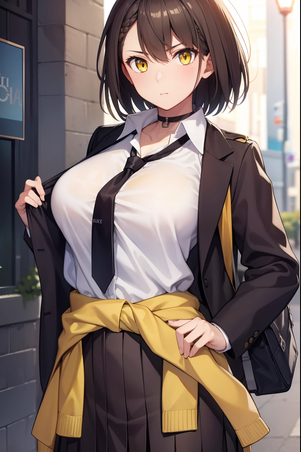 baltimore, baltimore, brown hair, (yellow eyes:1.5), braid, ahoge, short hair, french braid, hair between eyes, bob cut,
BREAK beige cardigan, beige sweater, black choker, black necktie, black skirt, cardigan, cardigan around waist, choker, clothes around waist, collared shirt, loose necktie, necktie, official alternate costume, school bag, shirt, shirt tucked in, short sleeves, skirt, sweater, sweater around waist, tied sweater, white shirt,
BREAK looking at viewer,
BREAK outdoors,
BREAK (masterpiece:1.2), best quality, high resolution, unity 8k wallpaper, (illustration:0.8), (beautiful detailed eyes:1.6), extremely detailed face, perfect lighting, extremely detailed CG, (perfect hands, perfect anatomy),