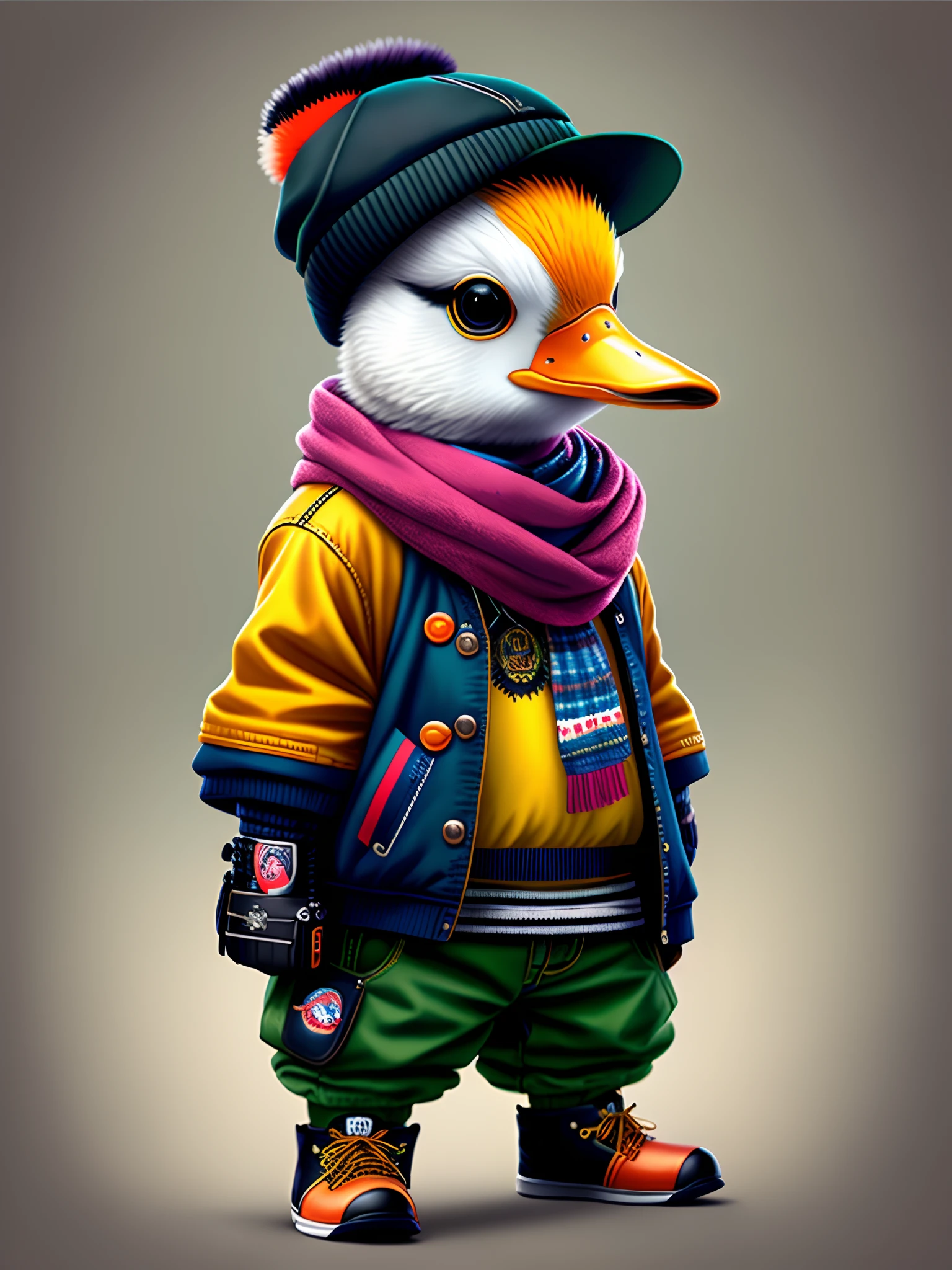 a painting of a duck wearing a hat and scarf, trend in art station, dressed in punk clothing, hyper realistic detailed render, british gang member, urban style, intimidating pose, planet of the ducks, trendy clothes, urban samurai, west slav features, 8 1 5