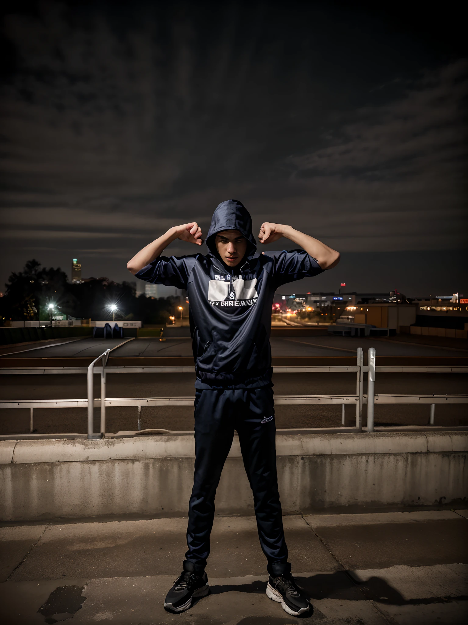 there is a man standing on a concrete ledge with his hands on his head, at racer track, shooting pose, with a cool pose, wearing track and field suit, at night time, during evening , in background, in a menacing pose, cool pose, with a city in the background, taken in the night, shot on sony a 7