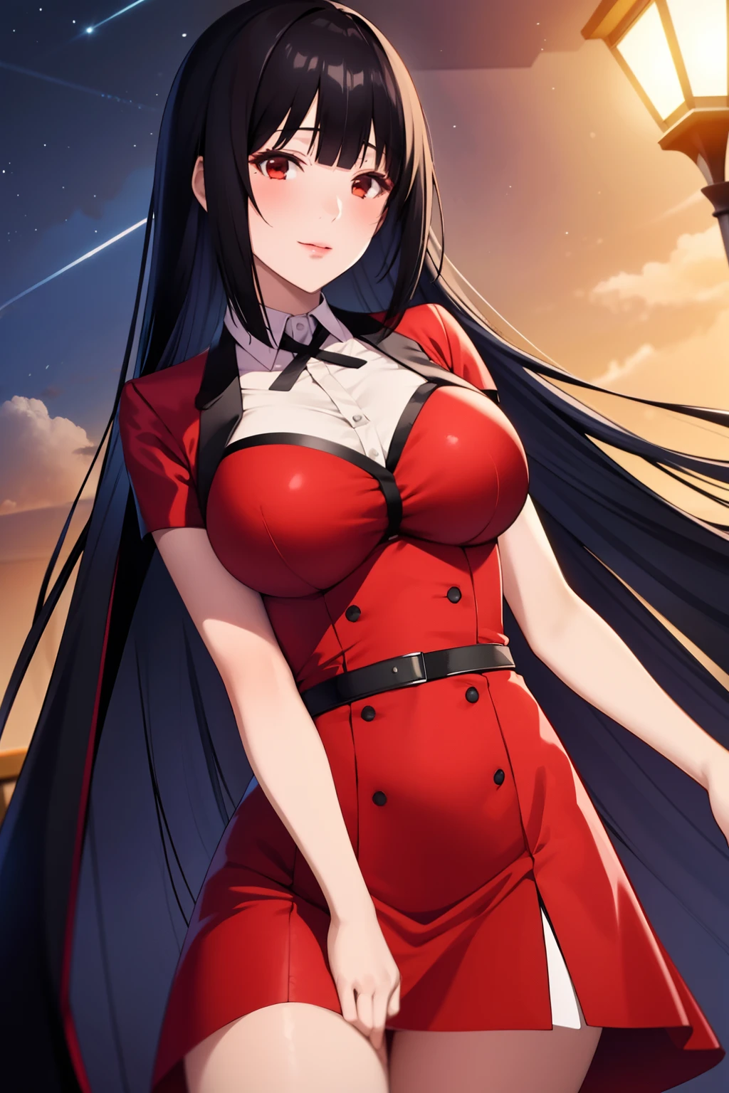 masterpiece, best quality, 1girl, solo, jabami yumeko, black hair, long hair, blunt bangs, red dress, night,