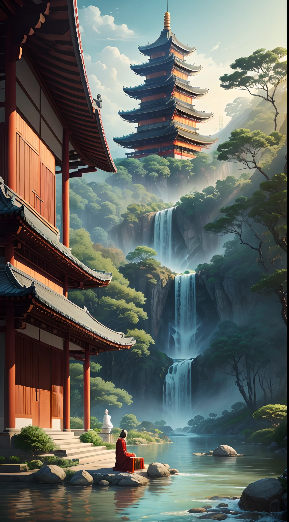 Illustration, Wide-shot, General Yamato((Bleach, beautiful anatomy, taoist robes, Closed eyes)) sitting in nature, river flowing, Lotus flowers floating in the river, chinese pagoda in the background, Beautiful depiction, elegant, super intricate, hyper detailed, 32k uhd.