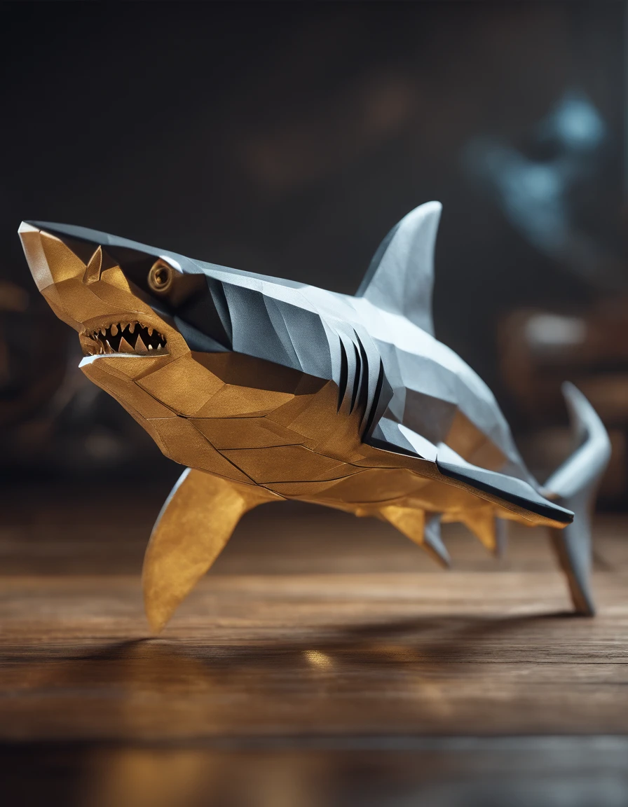 A hammer head shark made of paper origomi, hammered metal atyle, cinematic light, golden particles, shallow depth of field, dark theme