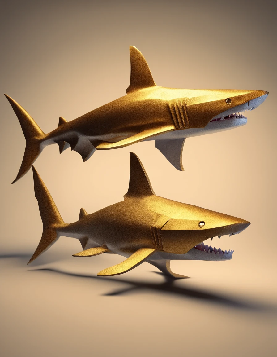 A hammer head shark made of paper origomi, hammered metal atyle, cinematic light, golden particles, shallow depth of field, dark theme