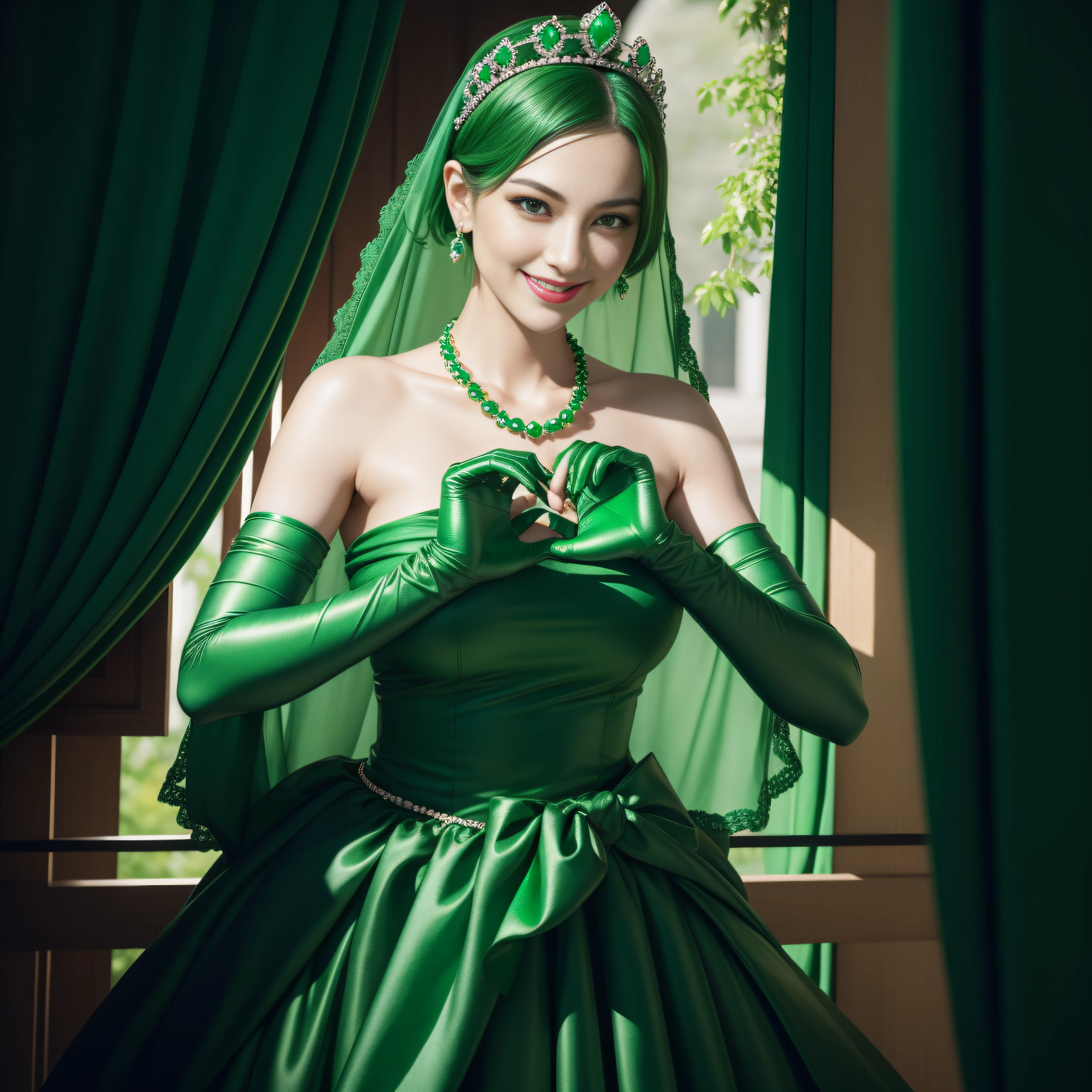 emerald tiara, Green Pearl Necklace, Boyish very short green hair, lipsticks, Japan woman smiling, very short short hair, big breasts beautiful, Green eyes, Long green gloves made of satin material, Green eyes, Emerald Earrings, Green dress