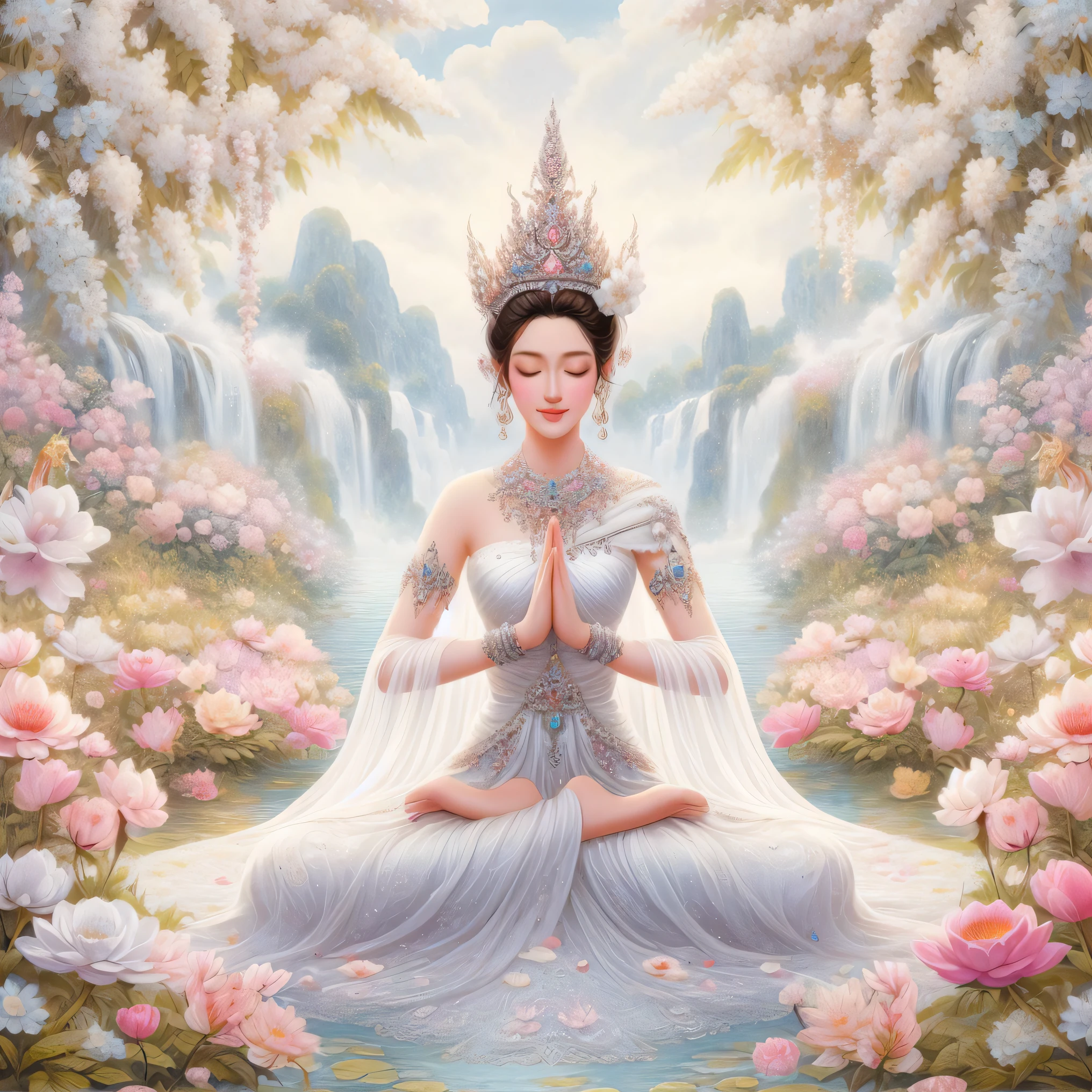 painting of a woman in a white dress sitting in a garden, pink lotus queen, goddess of love and peace, guanyin, mystical purity, standing gracefully upon a lotus, guanyin of the southern seas, flower goddess, a beautiful fantasy empress, serene, thailand art, goddess art, beautiful goddess, sitting on a lotus flower, by Ju Lian