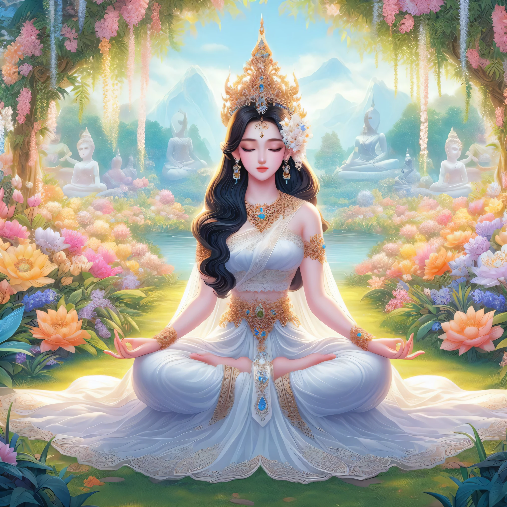 a painting of a woman in a white dress sitting in a garden, goddess of love and peace, a beautiful fantasy empress, beautiful goddess, gilded lotus princess, guanyin, pink lotus queen, goddess art, goddess. extremely high detail, flower goddess, a goddess in a field of flowers, lotus, portrait of a beautiful goddess, mystical purity