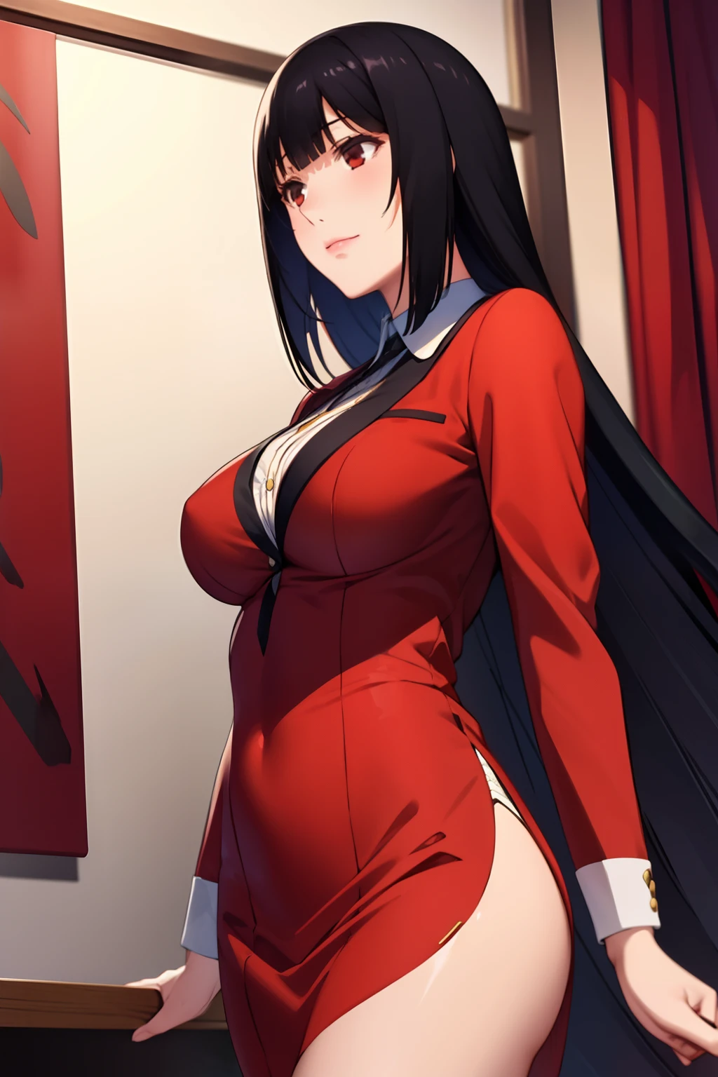 masterpiece, best quality, 1girl, solo, jabami yumeko, black hair, long hair, blunt bangs, red dress, night,
