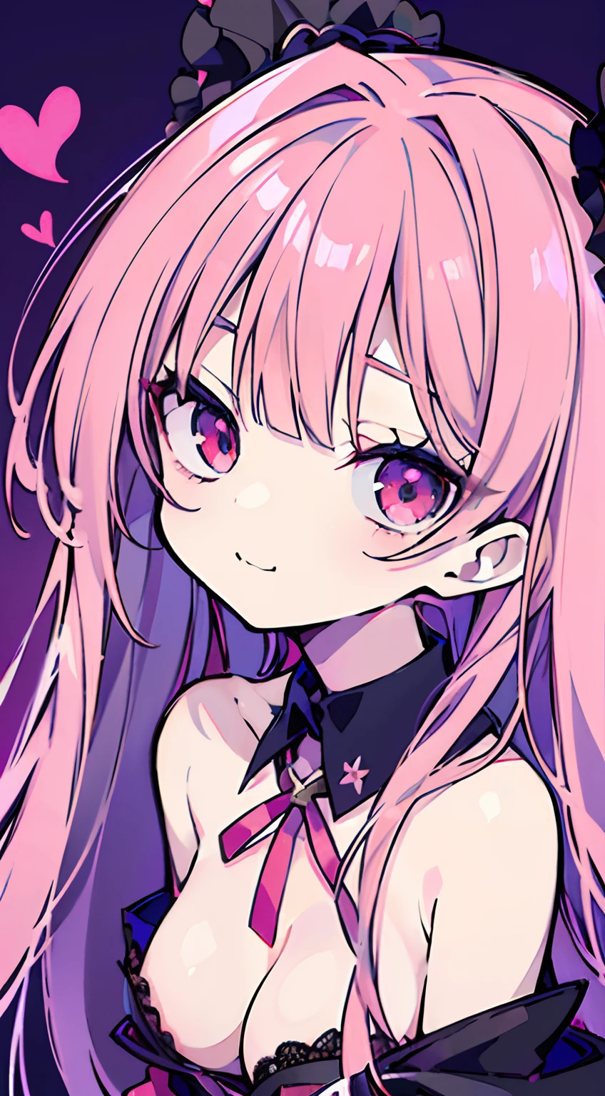 (NSFW),masutepiece, Best Quality, Ultra-detailed,(Lori),sel anime,anime moe art style,animated style illustration, (Red Eyes),(Beautiful eyes), ((Cute)), Cute, (lovely),超A high resolution,1 girl,Blunt bangs,hair wavy,ridiculously long hair,[A pink-haired:Silvery hair:0.6],de pele branca,Detailed skin,A detailed face,pointy nose,A sly smile,small tits,detailed tits, Gothic **** with beautiful cleavage,off shoulders,Head dress,Blur the background to bring it into focus,half body photo