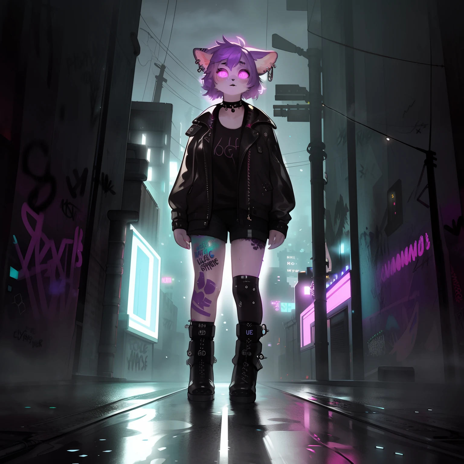 By bebebebebe, by spuydjeks, by buta99, by spikedmauler. (best quality,4k,8k,highres,masterpiece:1.2),ultra-detailed,(realistic,photorealistic,photo-realistic:1.37),female neko with purple hair and floppy ears,punk goth outfit,purple fur,neon lights in background,illustration,high contrast,glowing eyes,dark atmosphere,vibrant colors,unique character design,detailed shading,gritty art style,expressive pose,urban setting,cyberpunk aesthetic,
【Additional Details】
edgy makeup,distressed clothing,tattoos and piercings,grafitti-covered walls,smoke and fog effects,reflection on wet pavement,glowing neon signs,abandoned or decaying structures,multiple light sources,high energy and movement,abstract shapes and patterns,music playing in the background,sparkling glitter particles,electricity and sparks,industrial elements and machinery,gritty textures,street art and graffiti,sketchy linework.