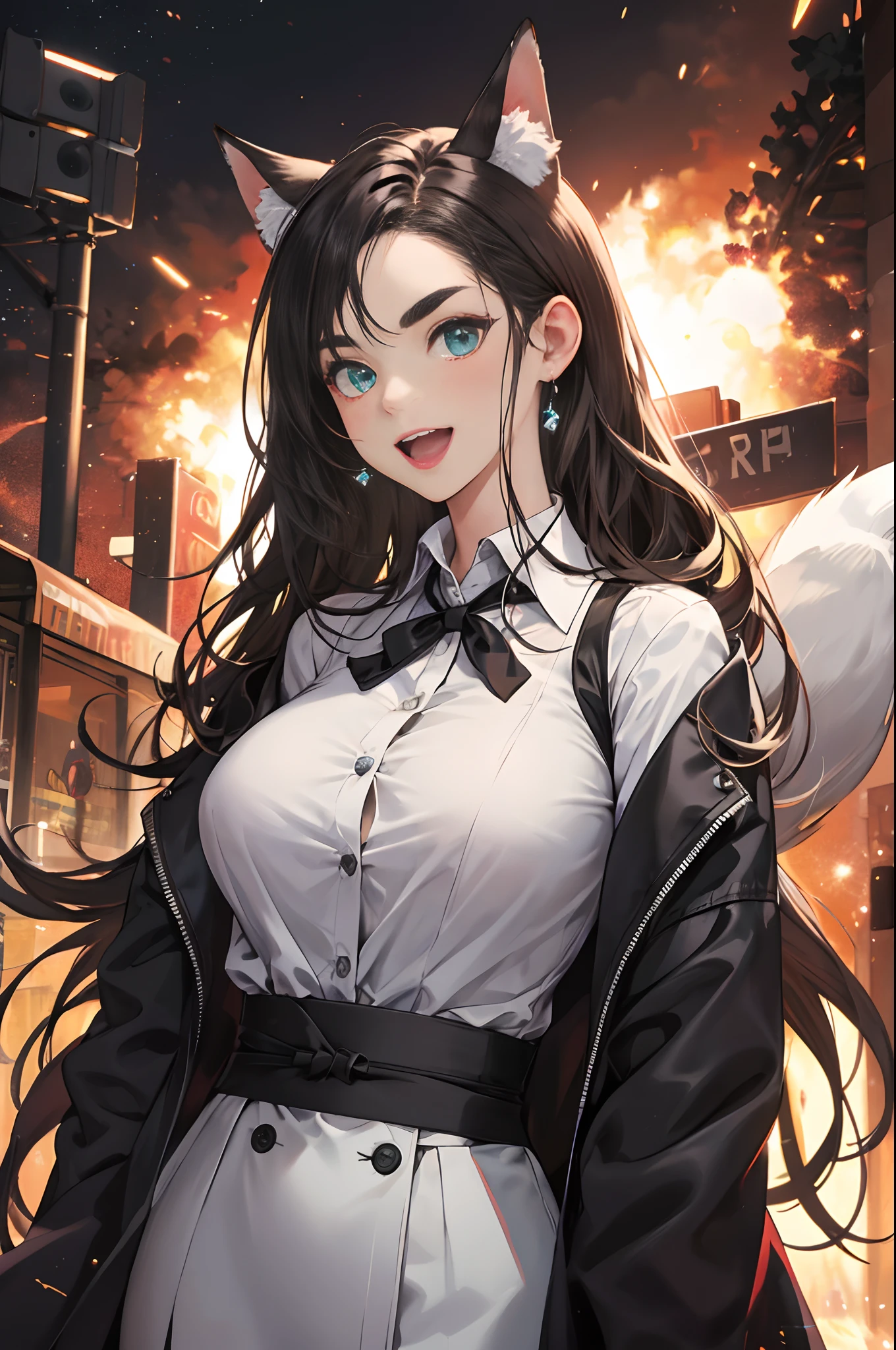 1girl, animal ear fluff, animal ears, aqua eyes, explosions, black coat, breasts, buttons, coat, crossed arms, fox ears, fox girl, highres, Big breasts, long  hair, looking at the scenes, open mouth, Partially unbuttoned,  road, sash, shirt, short eyebrows, smile, 独奏, Standing, Street, tail, Thick Eyebrows, Upper body, white shirt, from below