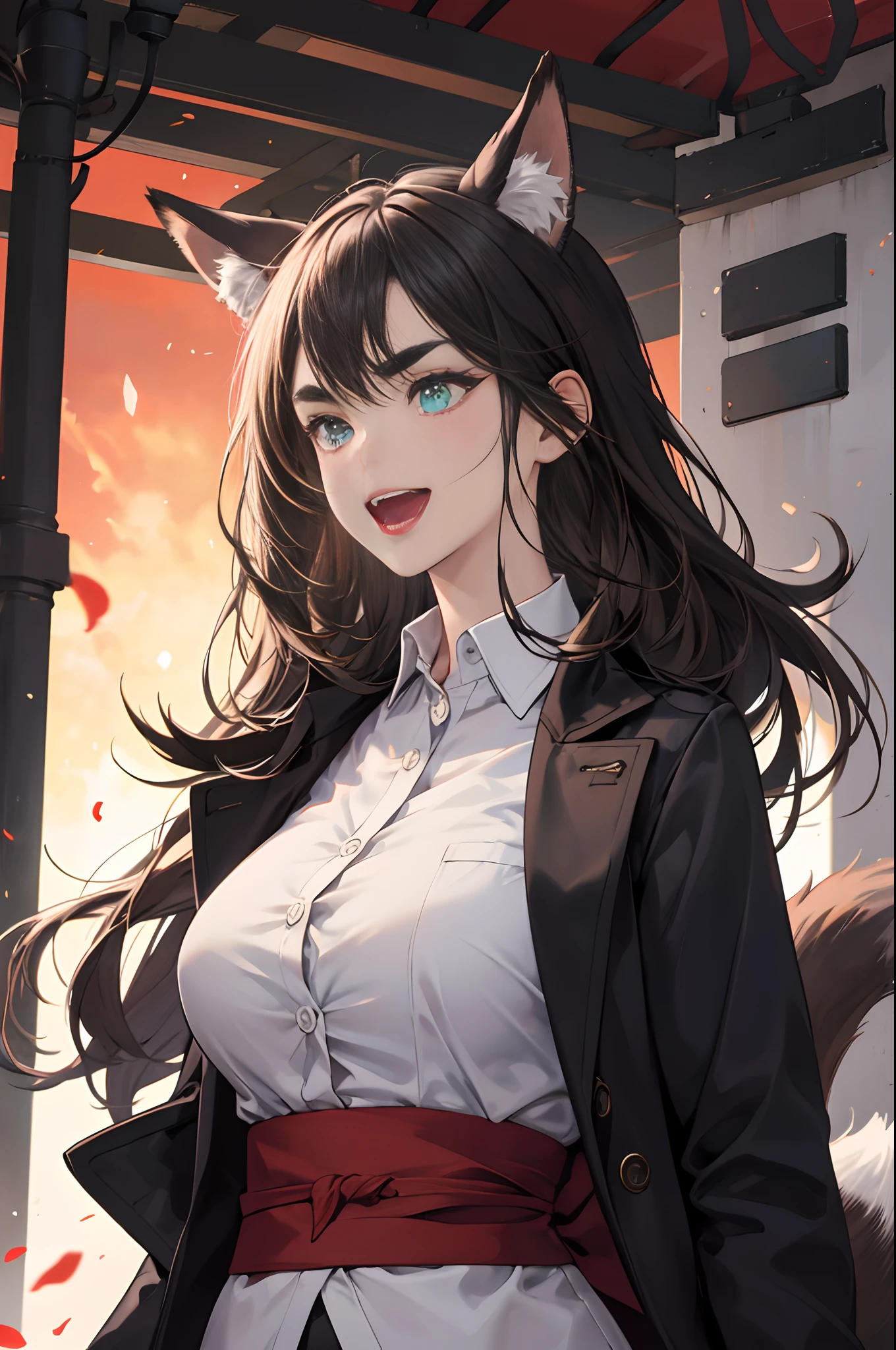 1girl, animal ear fluff, animal ears, aqua eyes, explosions, black coat, breasts, buttons, coat, crossed arms, fox ears, fox girl, highres, Big breasts, long hair, looking at the scenes, open mouth, Partially unbuttoned, road, sash, shirt, short eyebrows, smile, 独奏, Standing, Street, tail, Thick Eyebrows, Upper body, white shirt, from below