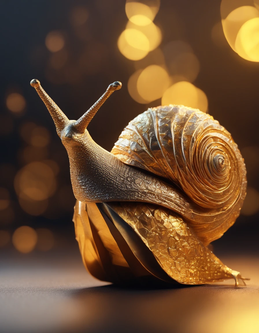 Snail made of paper origomi, hammered metal atyle, cinematic light, golden particles, shallow depth of field, dark theme