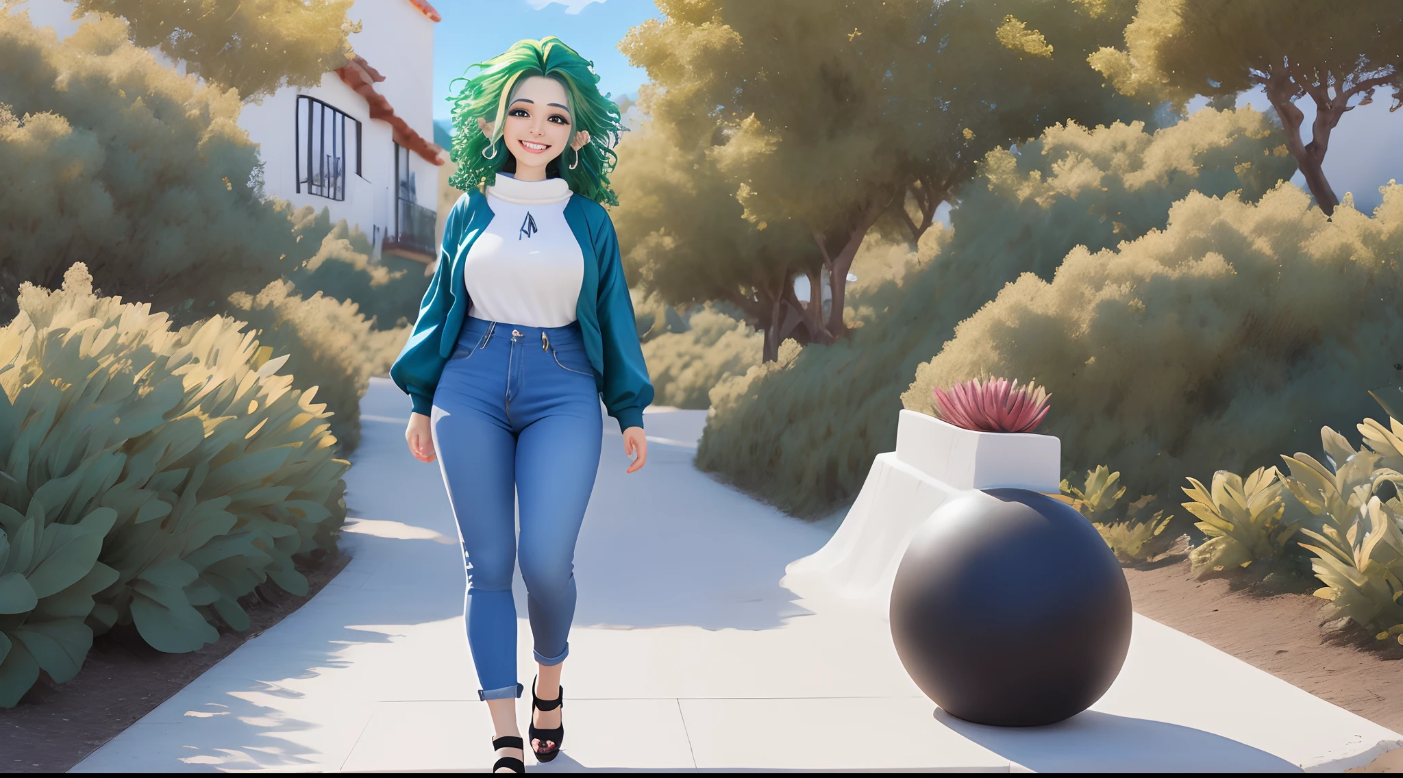 (mejor calidad, obra maestra), cabello verde, aretes verdes, jeans azules, camista blanca, zapatos negros, piel apretada, tonificada, Conceited, sonrisa, kefla, cintura delgada, eraser.
