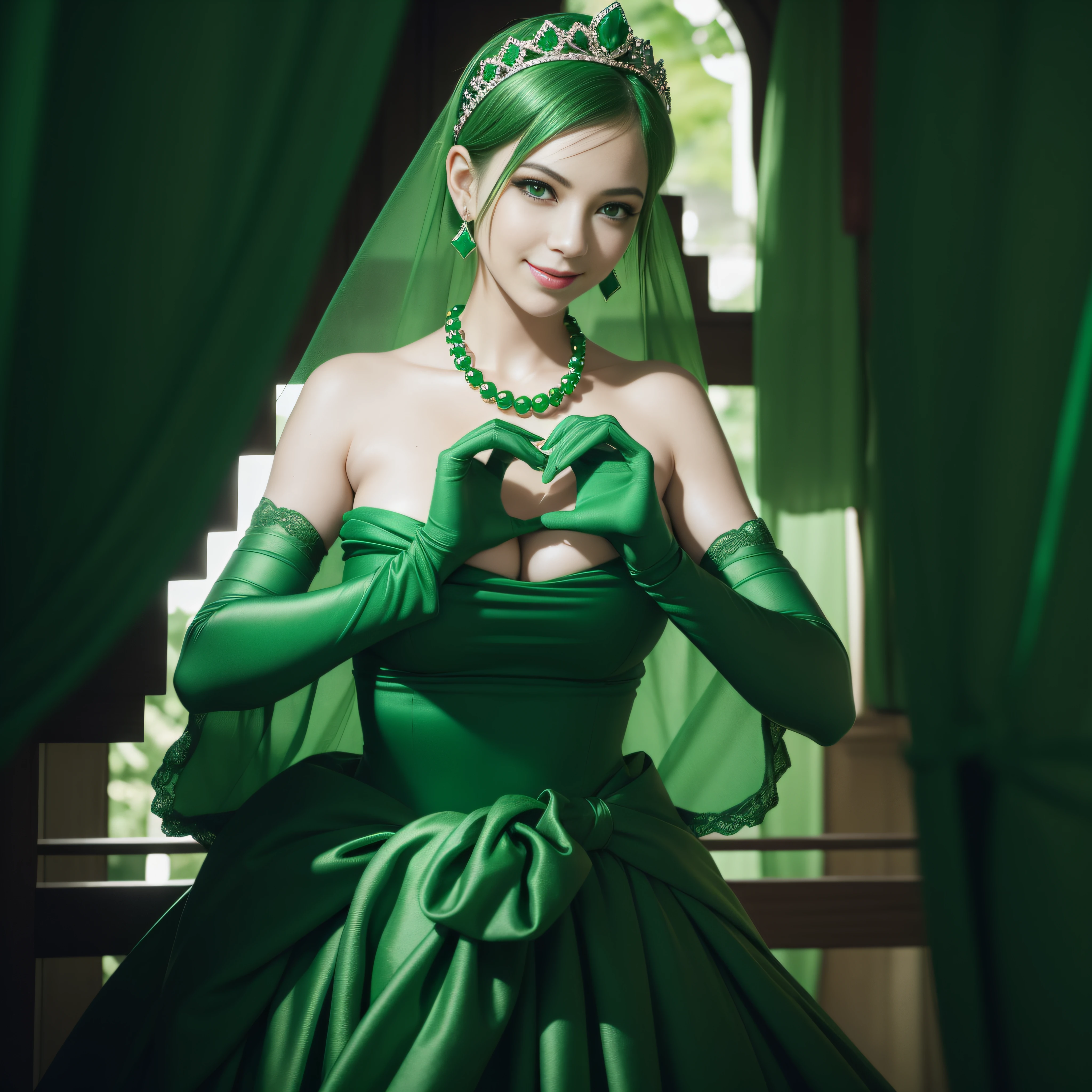emerald tiara, Green Pearl Necklace, Boyish very short green hair, lipsticks, Japan woman smiling, very short short hair, big breasts beautiful, Green eyes, Long green gloves made of satin material, Green eyes, Emerald Earrings, green vale, Heart with both hands