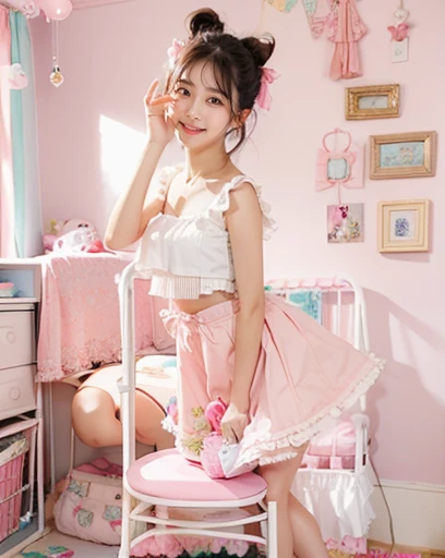 top-quality、（（Hands behind your back））、real 20 year old woman、Lying in bed、pink sailor bra、Pleated mini skirt in pink color、Pink plaid、Semi-long with black hair、Puku Face、soio、hight resolution