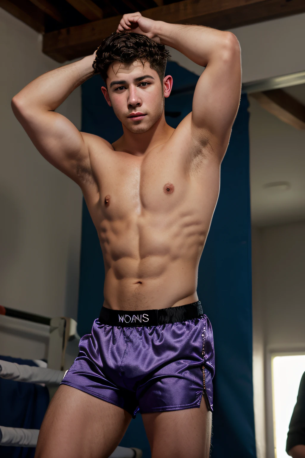 Nick Jonas wearing satin boxing trunks