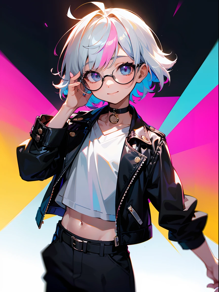 (Male child, eye glasses,A smile, silber hair)、独奏、jaket、Black jacket、Iridescent background、a choker、razor、Leather jacket、O cabelo multicolorido、cowboy shot、Color Inner Hair、bangss、White shirt、Fluffy clothes、Two-tone、Viewer's Perspective、is standing、a closed mouth、A pink-haired、Hand up、croptop、sideways Facing