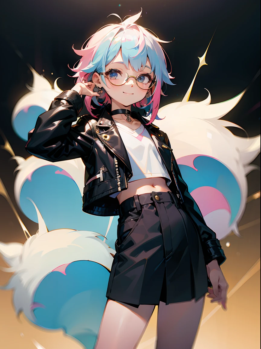 (Male child, eye glasses,A smile, silber hair)、独奏、jaket、Black jacket、Iridescent background、a choker、razor、Leather jacket、O cabelo multicolorido、cowboy shot、Color Inner Hair、bangss、White shirt、Fluffy clothes、Two-tone、Viewer's Perspective、is standing、a closed mouth、A pink-haired、Hand up、croptop、sideways Facing