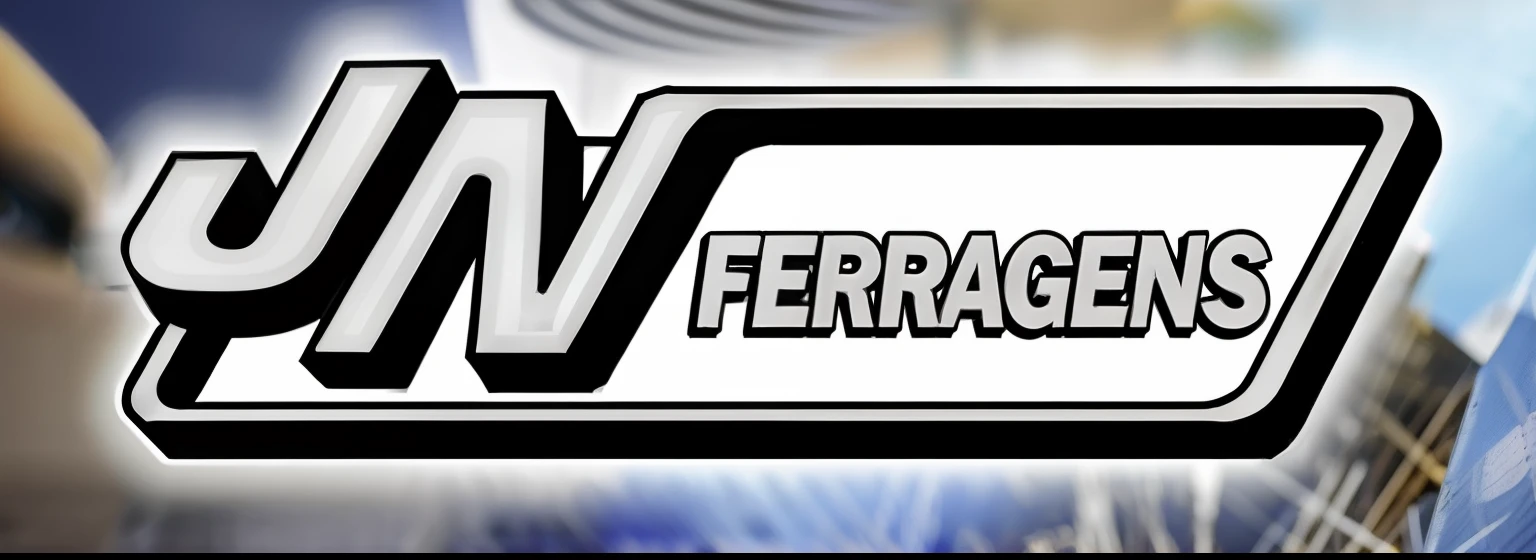 Um close up de uma placa que diz JN Ferragens, header with logo, Carravaggio, ferocious appearance, Fanatec Peripherals, header, Banner, Ferrari, terracota, inspirado em Perin del Vaga, inspirado em Fernand Verhaegen, varanda, header text", by Perin del Vaga, Logotipo 3D, feroz