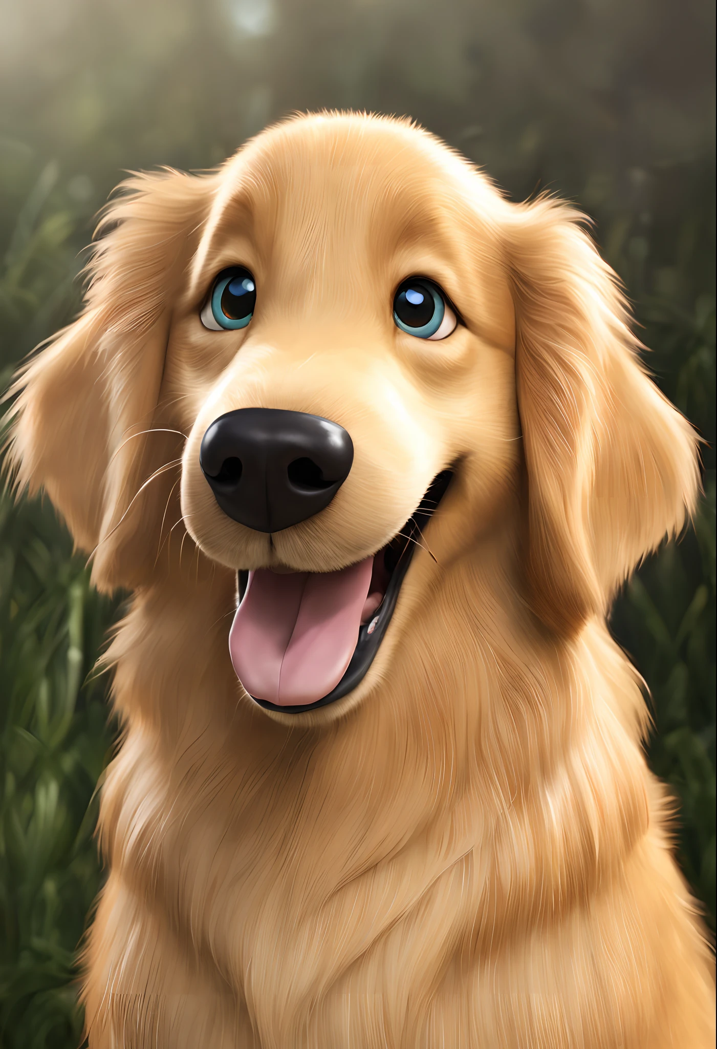 Make a Disney Pixar 3D Style Picture, de uma ?????? vira-lata de pelagem cor caramelo claro, de tamanho 70% do Golden Retriever.