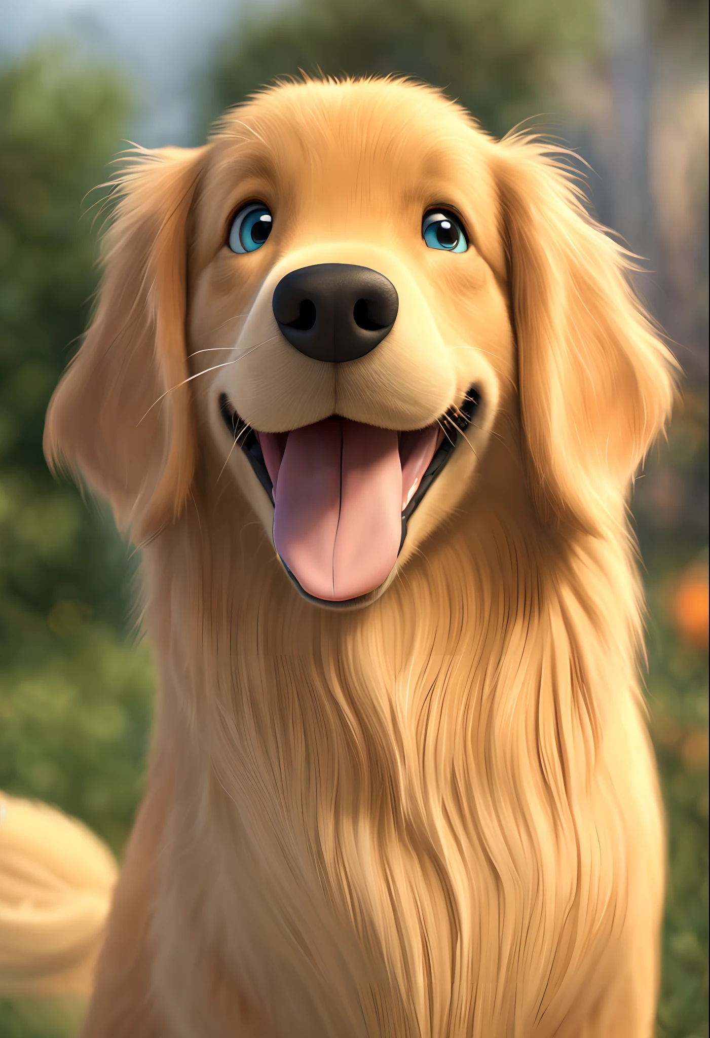 Make a Disney Pixar 3D Style Picture,  de uma  cadela vira-lata de pelagem cor caramelo claro, de tamanho 70% do Golden Retriever.