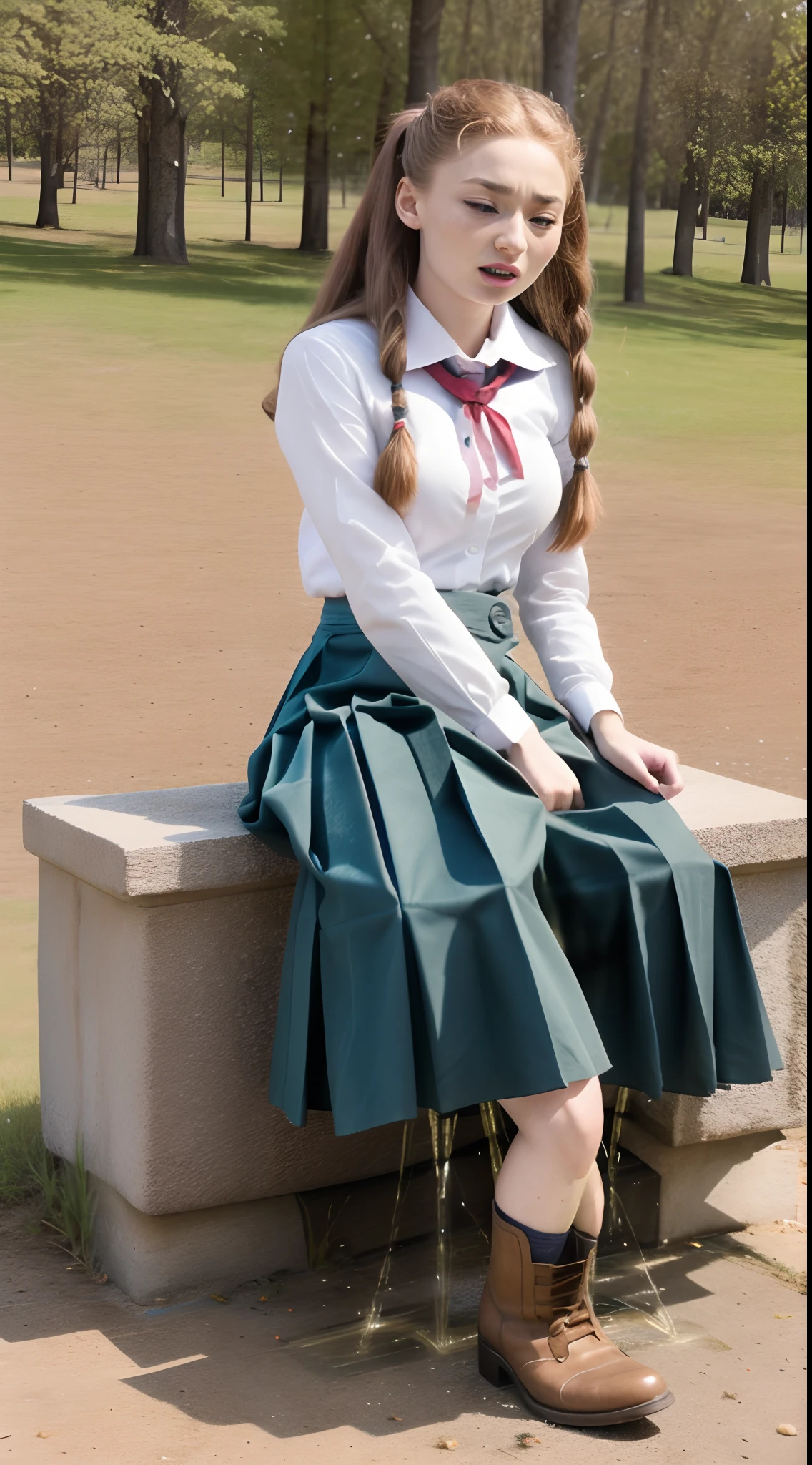 Sophie Turner sitting while peeing in school uniform during exam, official art, 16k resolution, hyper-realistic photo, ultra detailed, beautiful and aesthetic, realistic skin texture, realistic clothing texture, Sharp Focus, HDR, amazing detail,  extremely detailed eyes, highres, RAW photo,  Best Quality, High Resolution photo, full body view, masterpiece, best quality, realistic, (1girl:1.2),  long braid pigtails, green eyes, (thick heavy polyester (red) pleated school uniform:1.2), (curtsy:1.8), (high heel riding boots: 1.5), classroom, leaning back, (legs crossed trying to close her pee hole:1.8), (large breasts:1.5), sidelighting, blue sky, needs to pee very urgently, defeated accepting the inevitable peeing herself, embarrassed, blushing, silently crying, flustered, upset, (cross-eyed as her pee forces out into her skirt:1.5) (holding sides of skirt doing curtsy: 1.8)