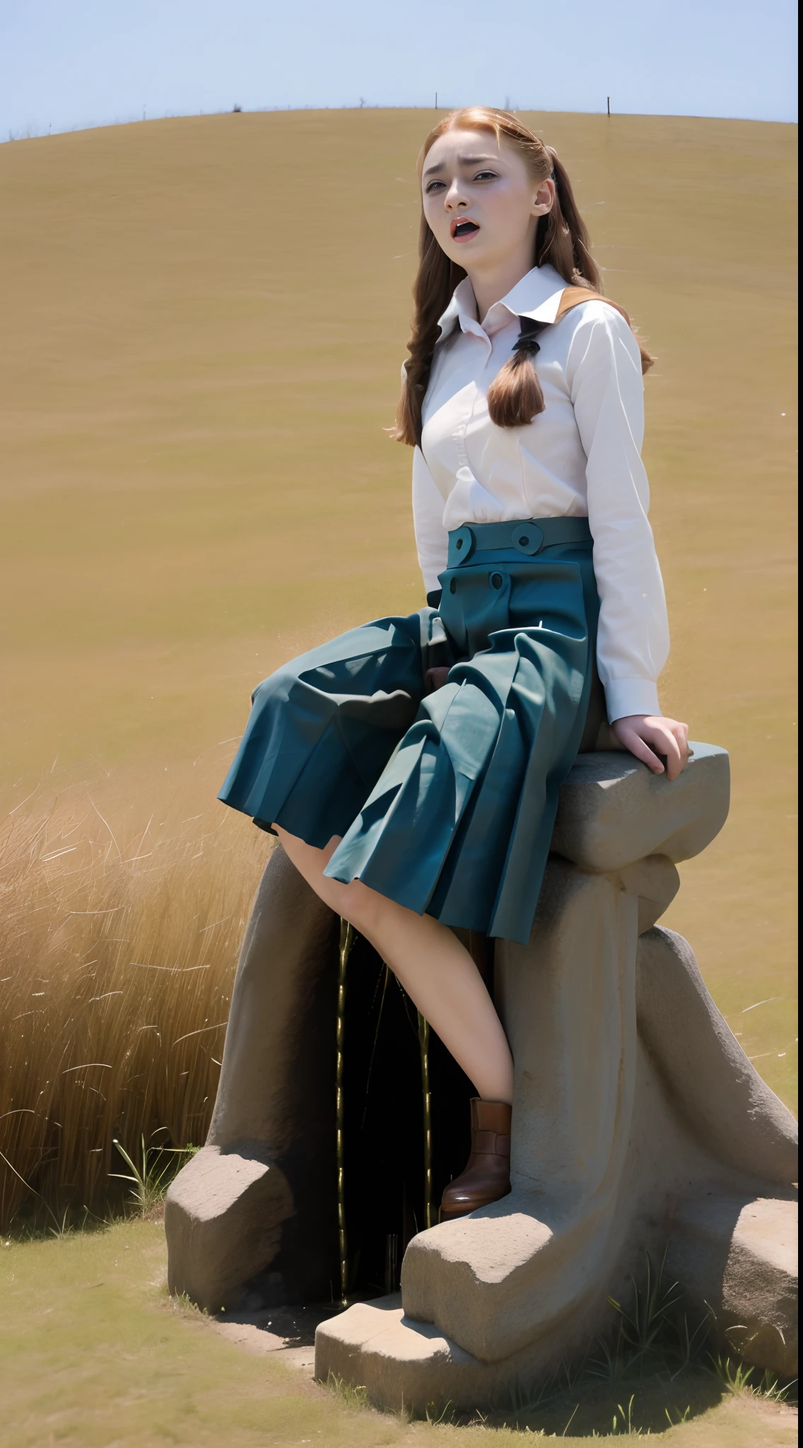 Sophie Turner sitting while peeing in school uniform during exam, official art, 16k resolution, hyper-realistic photo, ultra detailed, beautiful and aesthetic, realistic skin texture, realistic clothing texture, Sharp Focus, HDR, amazing detail,  extremely detailed eyes, highres, RAW photo,  Best Quality, High Resolution photo, full body view, masterpiece, best quality, realistic, (1girl:1.2),  long braid pigtails, green eyes, (thick heavy polyester (red) pleated school uniform:1.2), (curtsy:1.8), (high heel riding boots: 1.5), classroom, leaning back, (legs crossed trying to close her pee hole:1.8), (large breasts:1.5), sidelighting, blue sky, needs to pee very urgently, defeated accepting the inevitable peeing herself, embarrassed, blushing, silently crying, flustered, upset, (cross-eyed as her pee forces out into her skirt:1.5) (holding sides of skirt doing curtsy: 1.8)