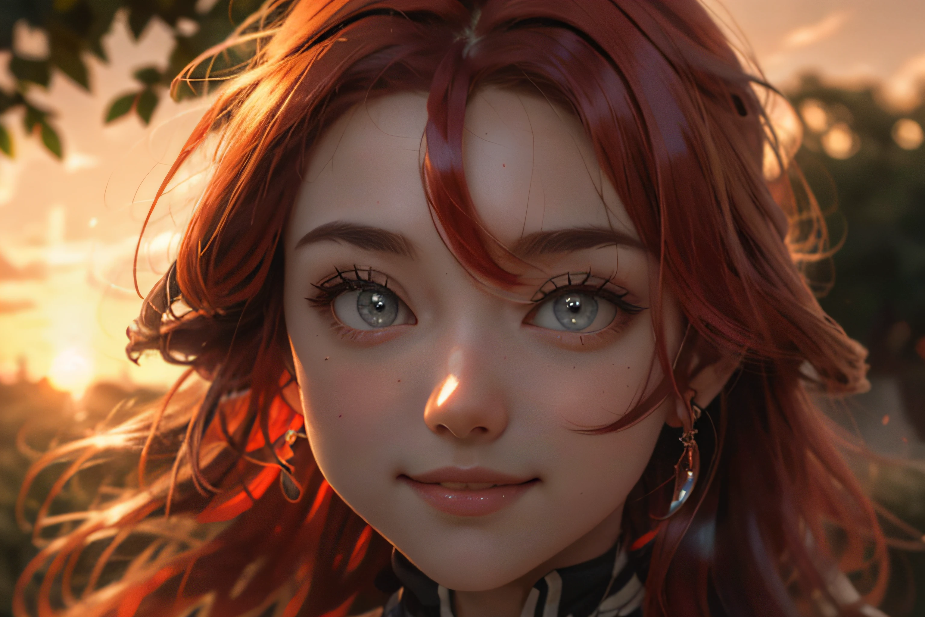 (masterpiece:1.2), best quality, expressive eyes, perfect face, tiese, red eyes, detailed eyes, red hair, smiling, posing lovely, garden, sunset, lens flares