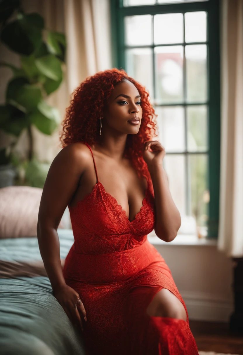 beautiful black and irish woman, instagram model, young 27 years old, caramel skin,  sexy clothing , thick goddess, curvy, vibrant red hair, blue and green eyes, gorgeous facial features, feminine, sensual wearing lingerie , vibrant red body wave hair,  radiant skin, soft lighting, diffused glow, most realistic, real quality, nikon d850, 85mm lens, high resolution