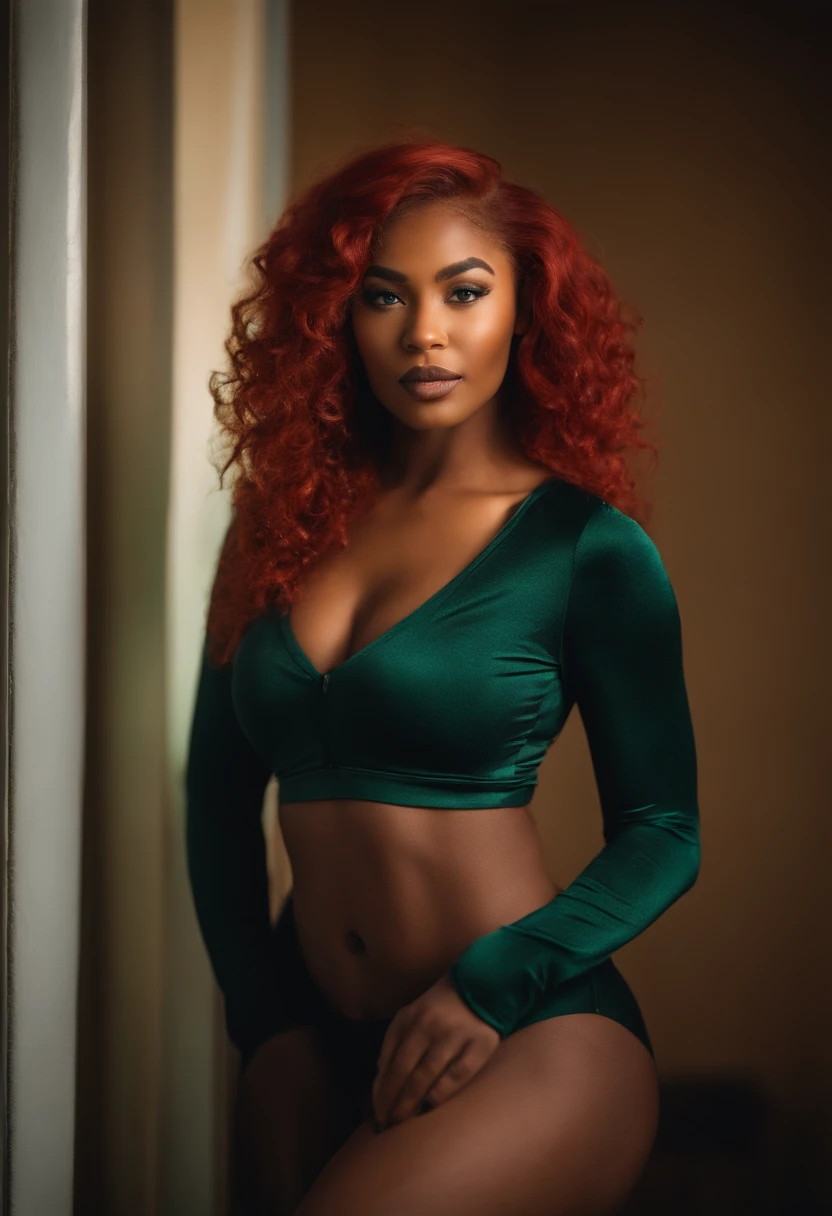 beautiful black and irish woman, instagram model, young 27 years old, caramel skin,  sexy clothing , thick goddess, curvy, vibrant red hair, blue and green eyes, gorgeous facial features, feminine, sensual wearing lingerie , vibrant red body wave hair,  radiant skin, soft lighting, diffused glow, most realistic, real quality, nikon d850, 85mm lens, high resolution