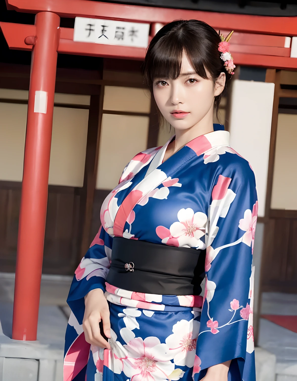 (top-quality、8K、32K、masterpiece、超A high resolution、nffsw:1.3)、(Japan idol:1.3)、1girl in、(Colossal tits:1.25)、(short-hair)、abdominals、the perfect body、((Takan Ninja)), Delicate facial features, Ultra-realistic, Hyper-realistic, 鎖骨、Shadow、octan render、((Wear a beautiful kimono with a high degree of exposure)),hyperdetailed face、Detailed lips、finely eye、二重まぶた、(魅惑的)、((agitation:1.5))、maikurobikini、((Navel))、Armpit、((Female ninja)),Kunoichi Ninja、Throw shurikens、Japan holding a sword、Mystical expression、shrine background、Old Town of Japan、((heavy breasts)),Toostock、mecosuji、Kimono with colorful floral pattern、highcontrast、(((Brightly colored kimono))),(((Full Body Angle))).