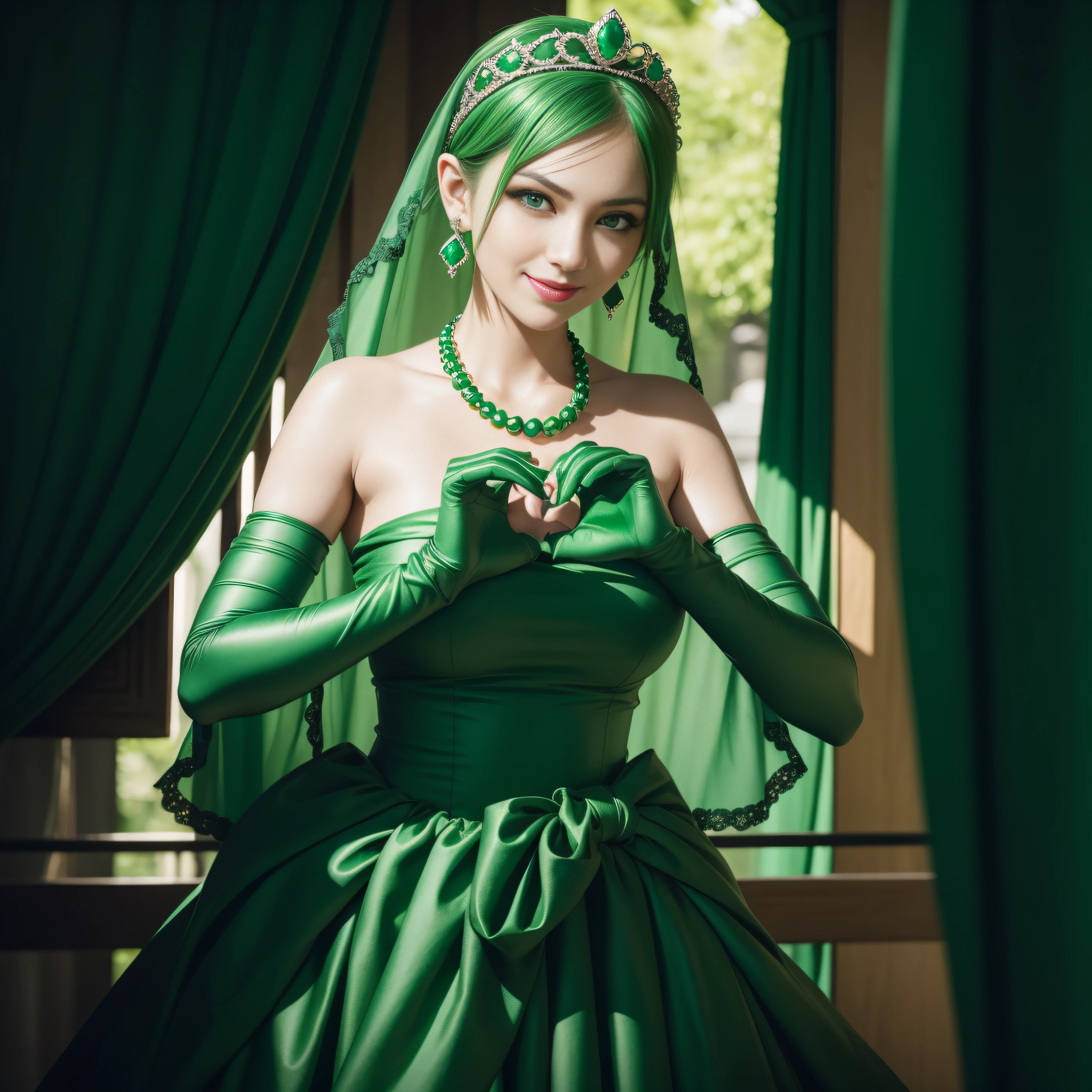 emerald tiara, Green Pearl Necklace, Boyish very short green hair, lipsticks, Japan woman smiling, very short short hair, big breasts beautiful, Green eyes, Long green gloves made of satin material, Green eyes, Emerald Earrings, green vale, Heart with both hands