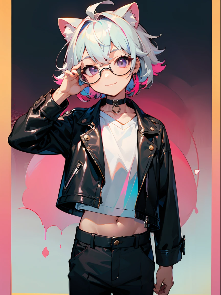 (Male , eye glasses,A smile, silber hair)、独奏、jaket、Black jacket、Iridescent background、a choker、razor、Leather jacket、O cabelo multicolorido、cowboy shot、Color Inner Hair、bangss、White shirt、Fluffy clothes、Two-tone、Viewer's Perspective、is standing、a closed mouth、A pink-haired、Hand up、croptop、sideways Facing