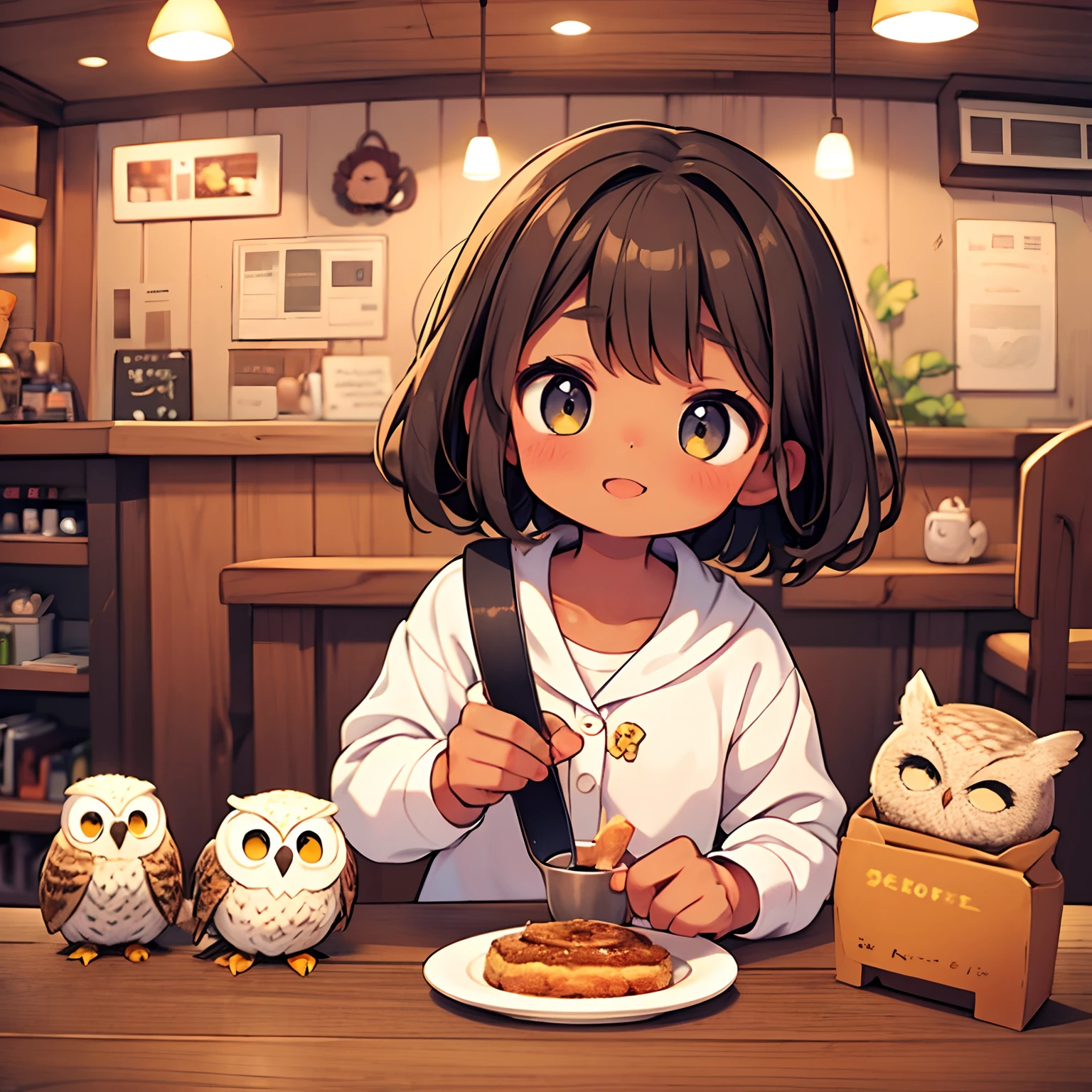 Owl Cafe、Pretty girl、happily face、Brown skin、masterpiece、top-quality、Top image quality