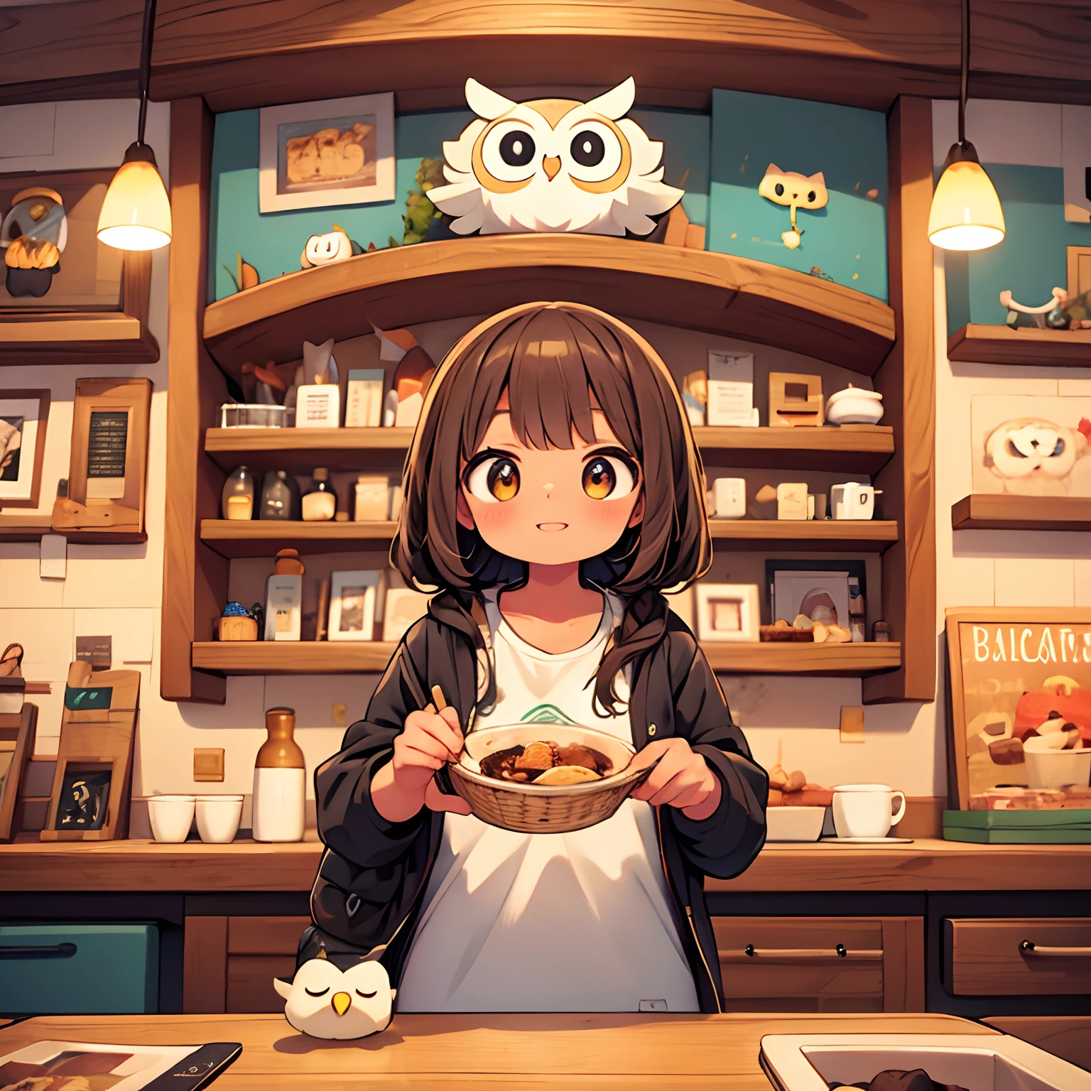 Owl Cafe、Pretty girl、happily face、Brown skin、masterpiece、top-quality、Top image quality