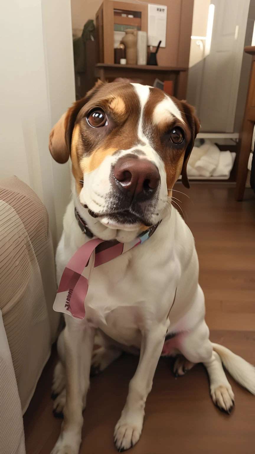 There's a dog that's sitting on the ground with a bandage on his face, levemente marcado em seu rosto, Sparky, um gesso em sua bochecha, sem mancha olho direito, Sharp!, Jack Russel Terrier surpreendido, com o rosto machucado e hematomas, Brutus, Zumbificado, branco com manchas marrons de chocolate, chewing on a video card